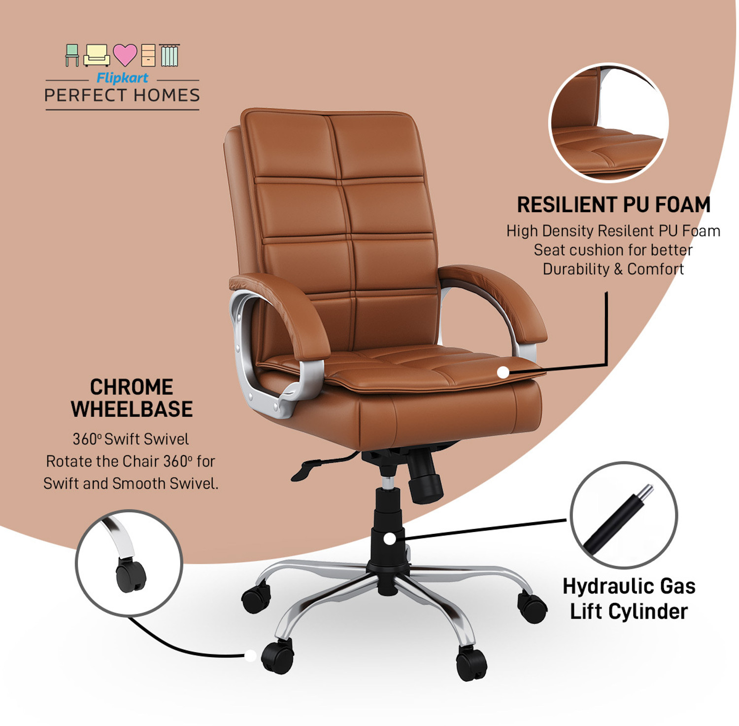 Image of Flipkart Perfect Homes LEO Tan Color Leatherette Office Executive Chair