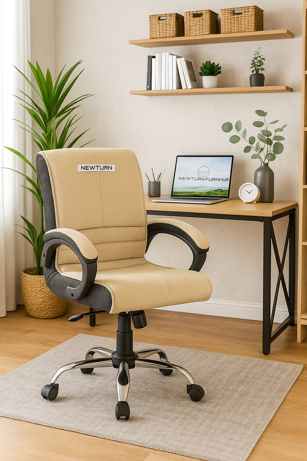 Image of Newturn MAXSON Mid Soft Jute Fabric work from Office /home chair with 1 Yrs Parts Wrty Jute Office Adjustable Arm Chair
