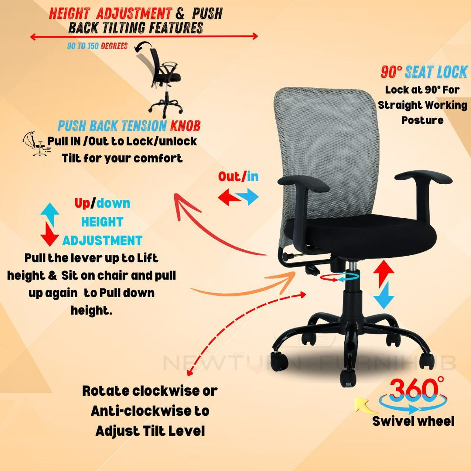 Image of Newturn Sigma S1 Ergonomic Mesh Executive office metal stand with 2 Year warranty Synthetic Fiber Office Adjustable Arm Chair