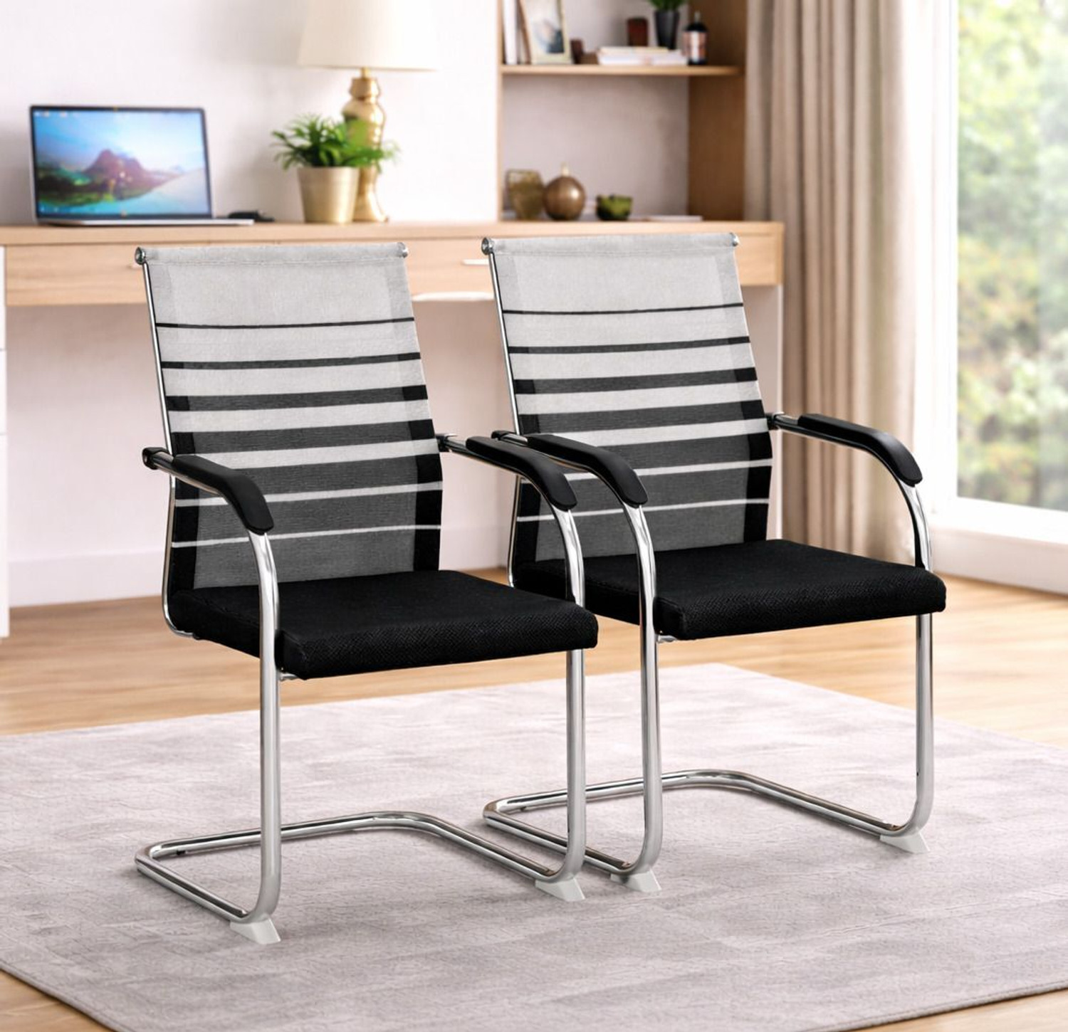 Image of LADDOO 2 Home & Office Chair Visitor Chair Cushion Seat & Padded Armrests - multicolor Fabric Office Visitor Chair