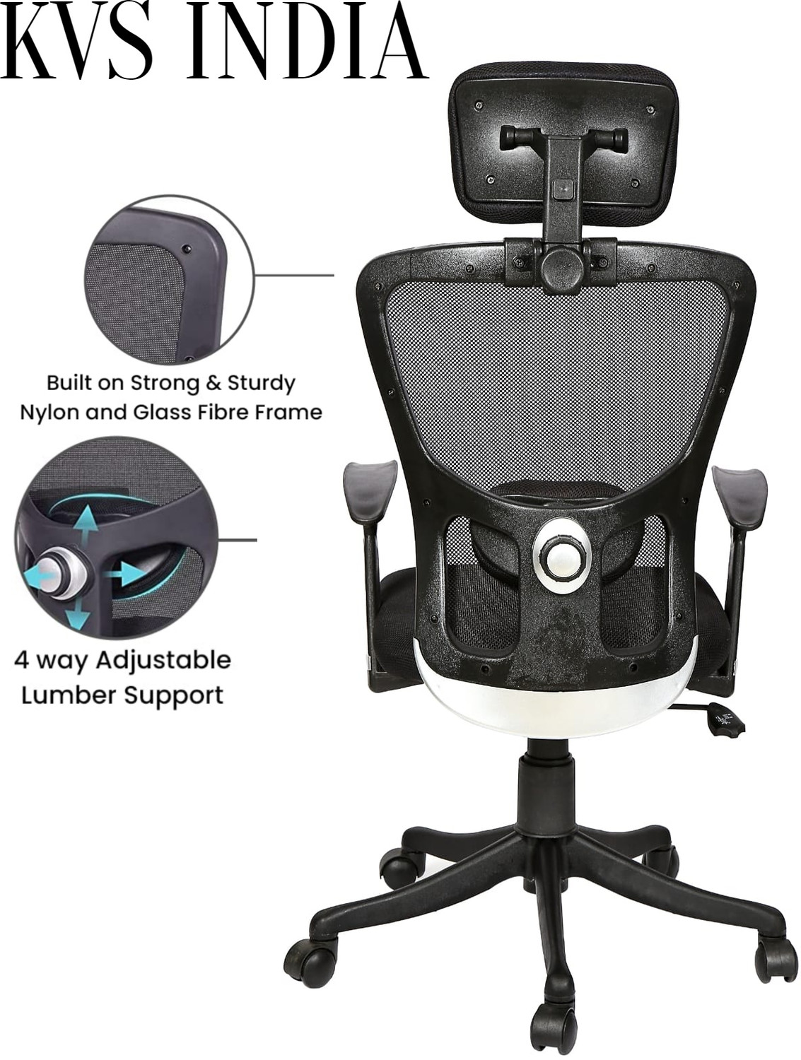 Image of KVS INDIA Jazz High Back Ergonomic |Home, Office| Headrest & Lumbar Support Mesh Office Adjustable Arm Chair