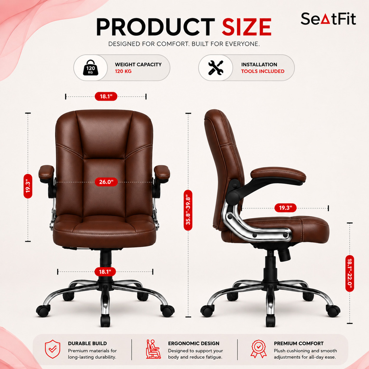 Image of SEATFIT Ergo Adjust M51 Mid-Brown Leatherette Office Chair with Adjustable Arms Leatherette Office Executive Chair