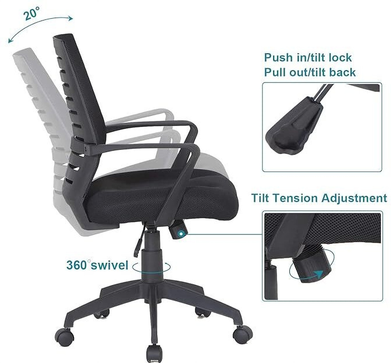 Image of Roxigo Desk Chair Ergonomic Design, Adjustable Seat Height, Armrest, for Task, Home Mesh Office Executive Chair