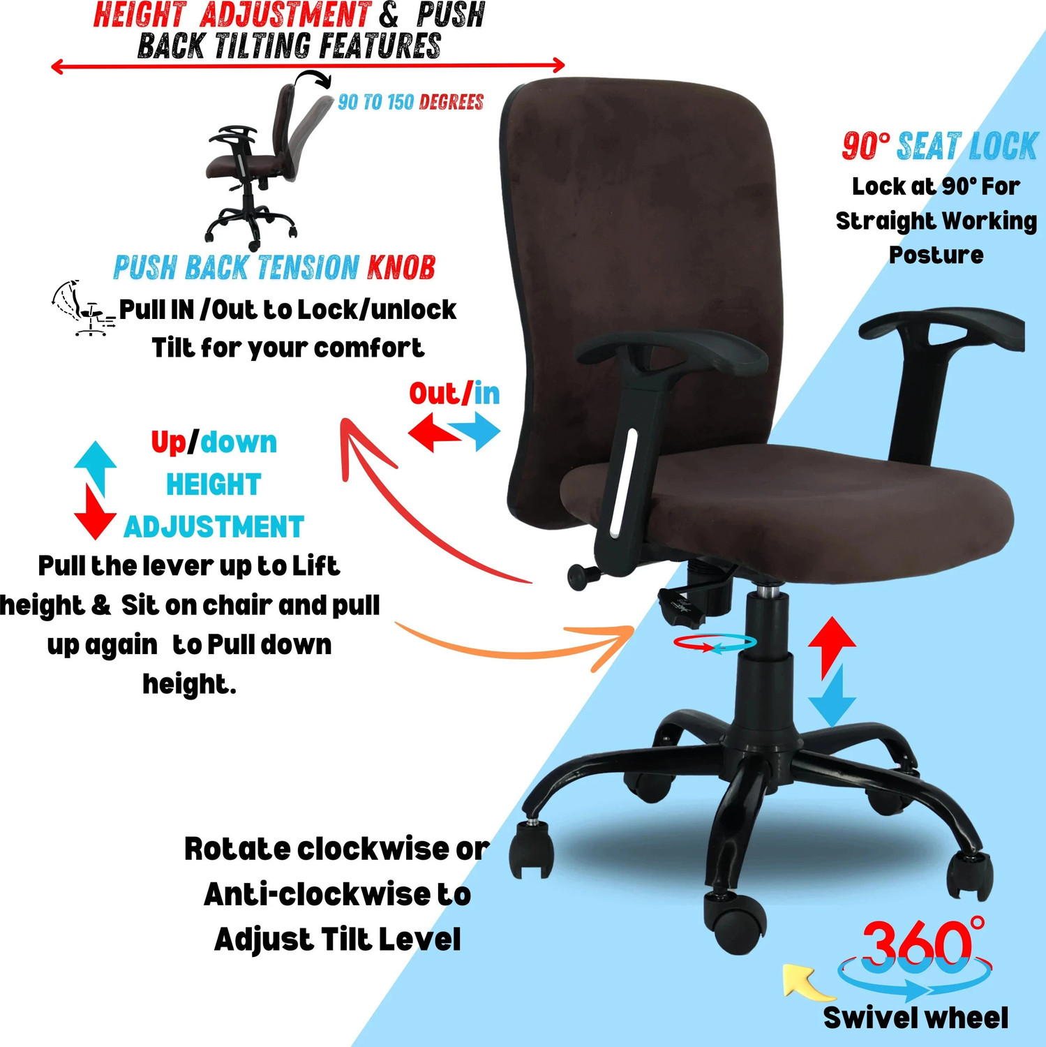 Image of zidle Rainbow velvet Mid back work from home chair with Metal base & 2 Years warranty Leatherette Office Adjustable Arm Chair