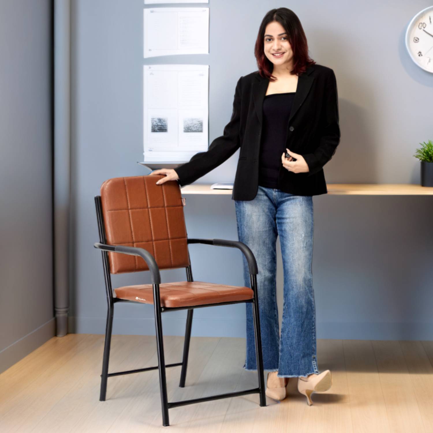 SOMRAJ Leatherette Office Arm Chair Brown Pack of 2 - Image 2