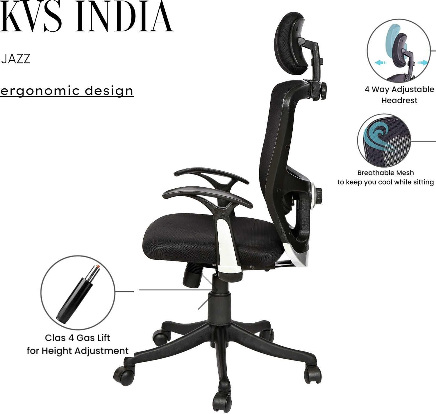 Image of KVS INDIA Jazz High Back Ergonomic |Home, Office| Headrest & Lumbar Support Mesh Office Adjustable Arm Chair