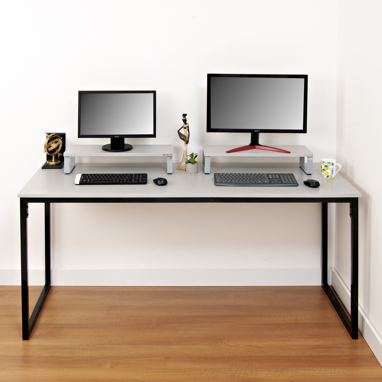 Image of Invisible Bed Monitor Riser stand for 2 Monitors Engineered Wood Study Table