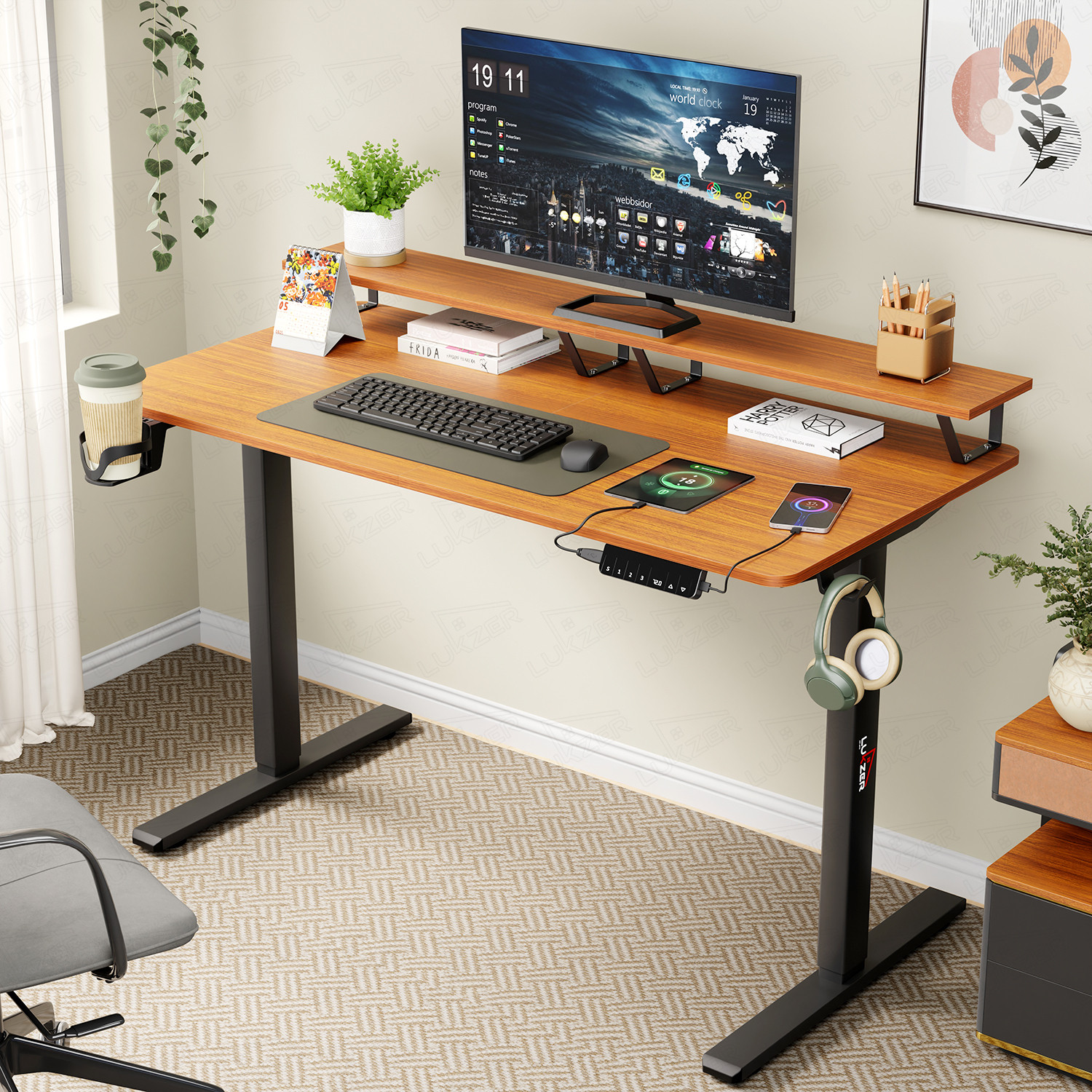 Image of LUKZER Electric Height Adjustable Desk with USB & Type-C Work from Home Table (EST-004) Engineered Wood Office Table