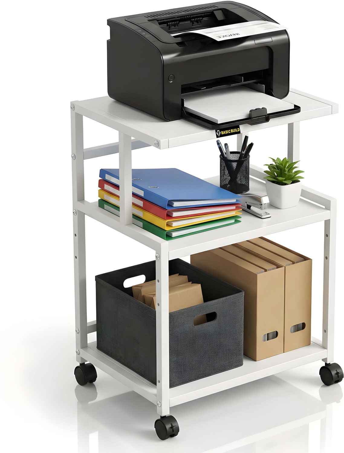 Image of basic build Heavy Duty Office Printer Stand with Lockable Wheels | Multi-Level Storage Rack Metal Study Table (Free Standing, Finish Color - White, DIY(Do-It-Yourself))