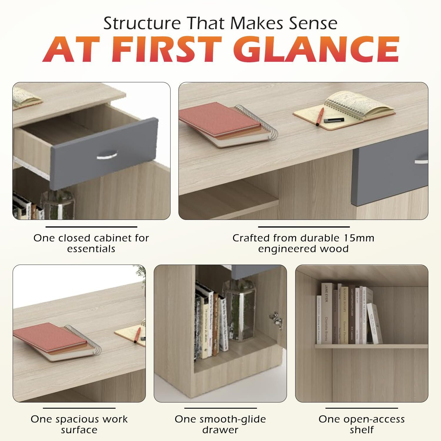 Image of CREATIVE QUBE 120cm Engineered Wood Study Desk with Drawer & Cabinet - Matte Moldau Acacia Engineered Wood Office Table