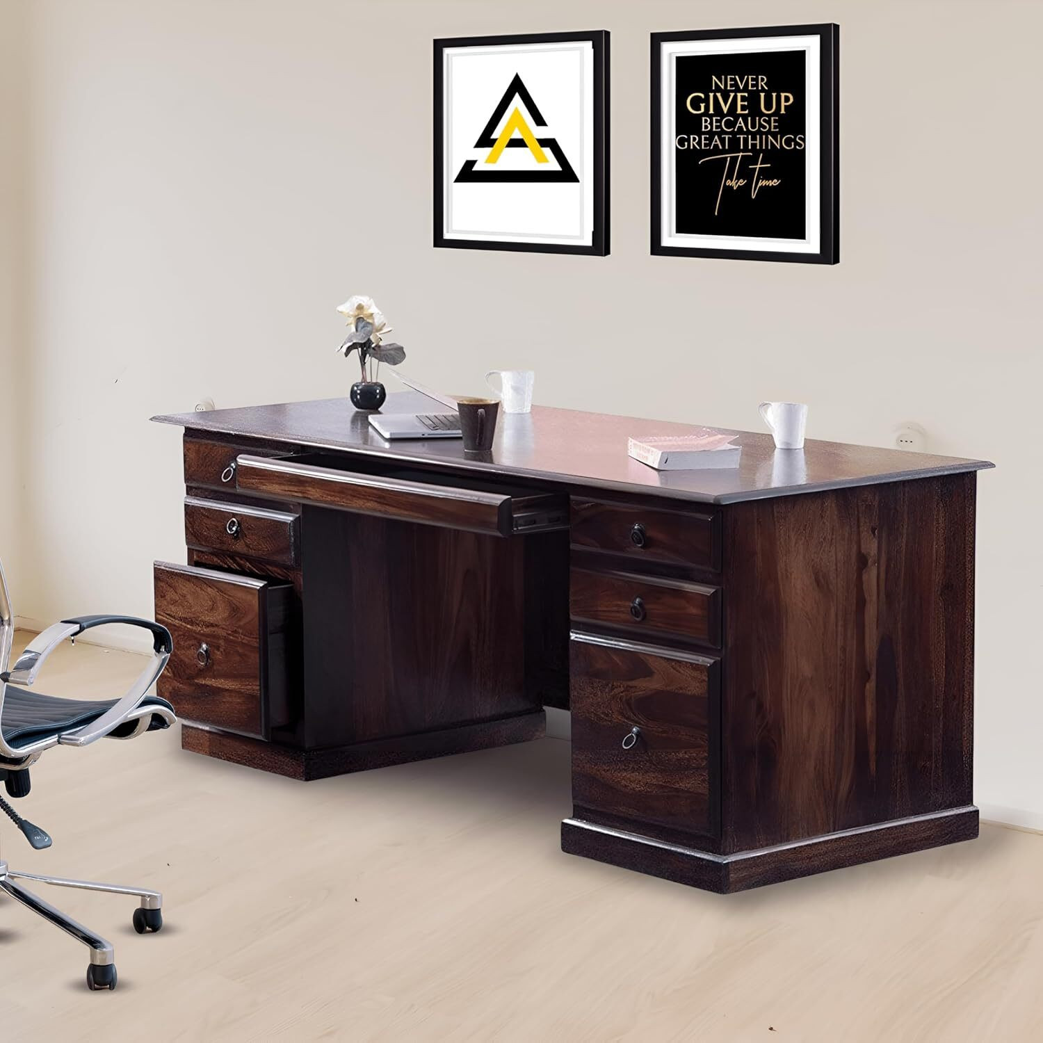 Image of SONA ART & CRAFTS Carmel Wooden Study Table with 6 Drawers Study Desk, Office Table Solid Wood Study Table