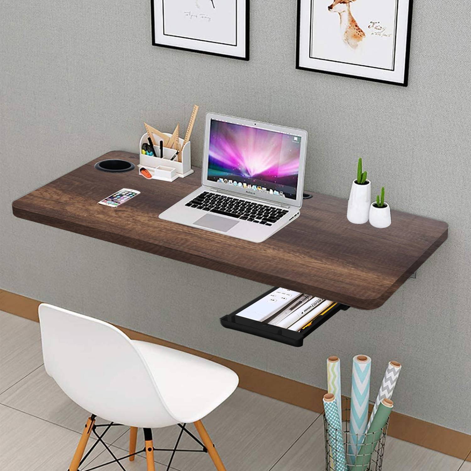 Torche (32x18.5 inches) Round cornered Wall-Mounted Folding Wall Table (Dark Oak) Solid Wood Study Table