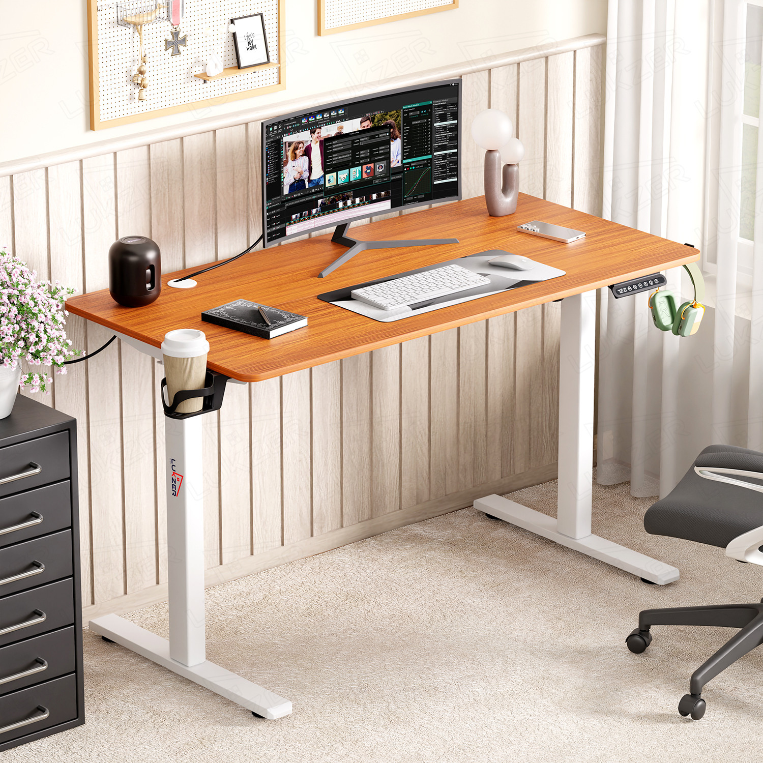 Image of LUKZER Electric Height Adjustable Study Table Sit Stand Desk (EST-003) Engineered Wood Office Table