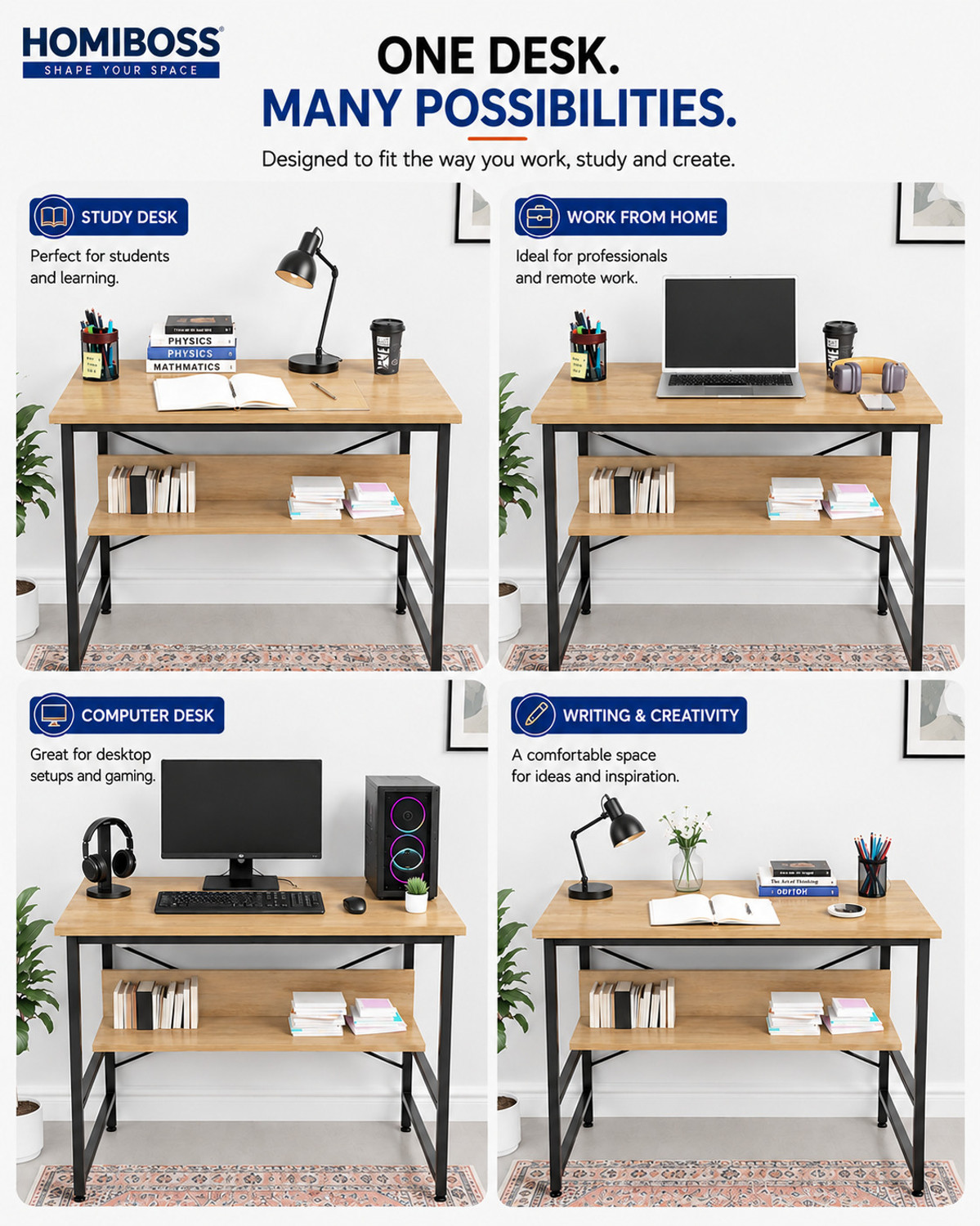 Image of HOMIBOSS Steel Metal frame office workstation table , Student, gaming, home Engineered Wood Computer Desk