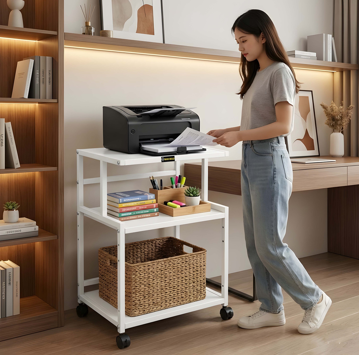 Image of basic build Heavy Duty Office Printer Stand with Lockable Wheels | Multi-Level Storage Rack Metal Study Table (Free Standing, Finish Color - White, DIY(Do-It-Yourself))