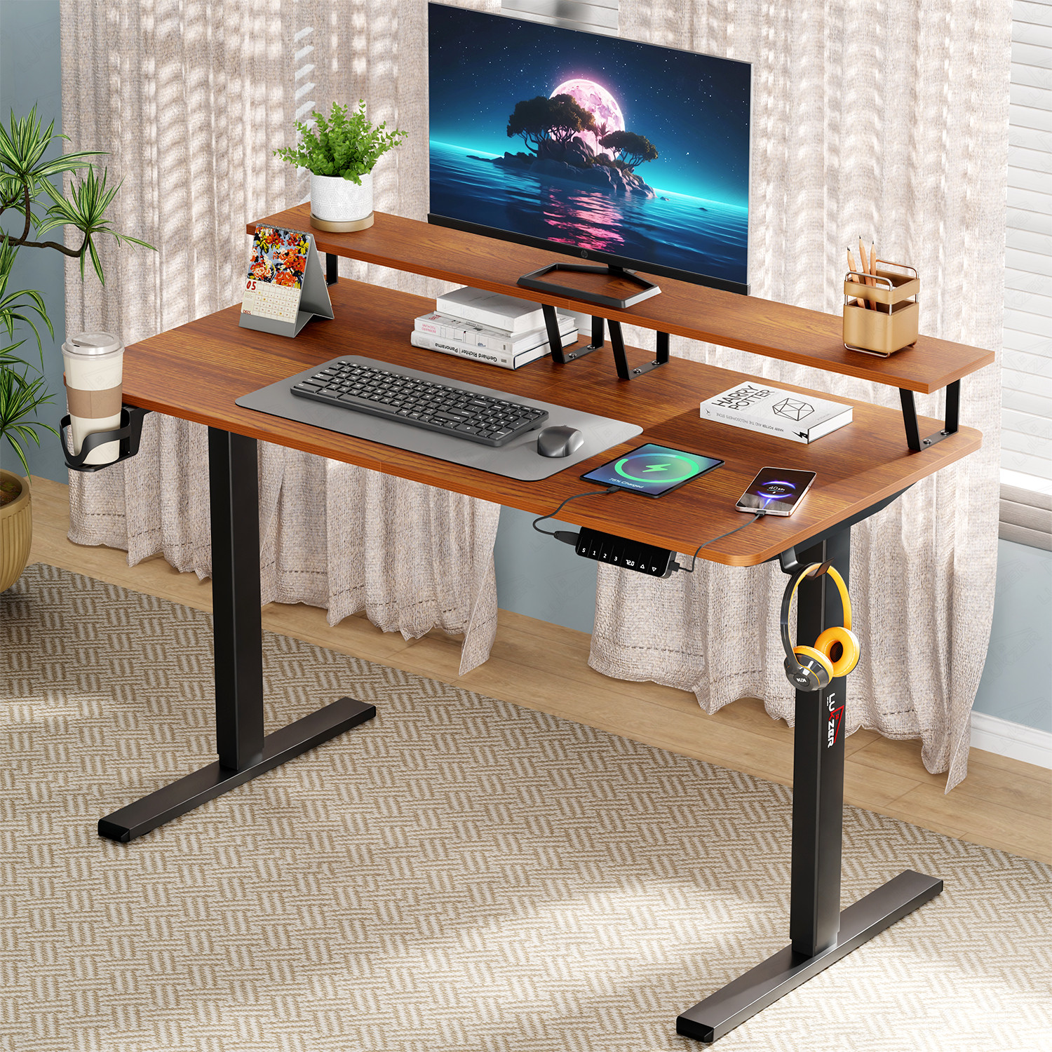 Image of LUKZER Electric Height Adjustable Desk with USB & Type-C Work from Home Table (EST-004) Engineered Wood Office Table