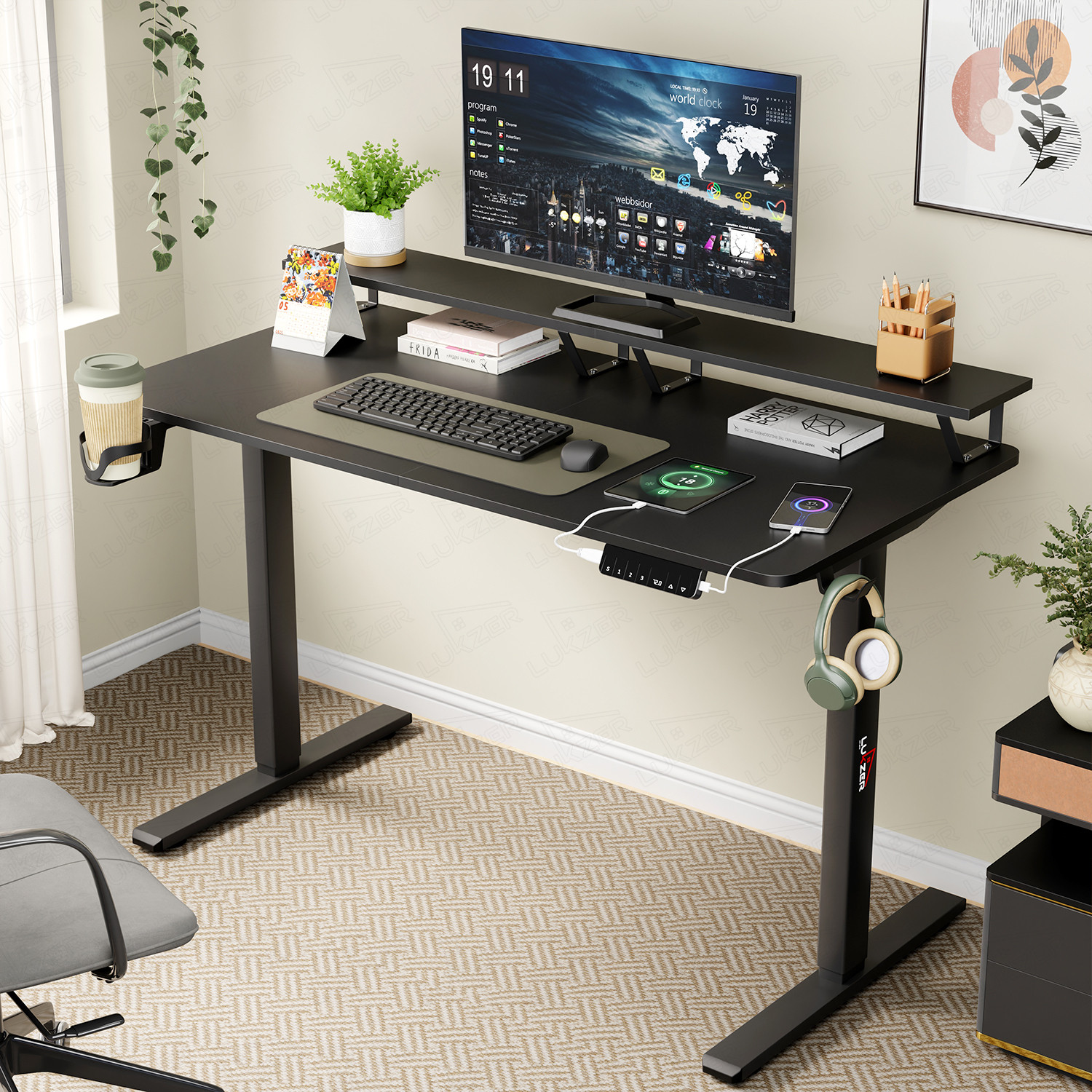 Image of LUKZER Electric Height Adjustable Desk with USB & Type-C Work from Home Table (EST-004) Engineered Wood Office Table