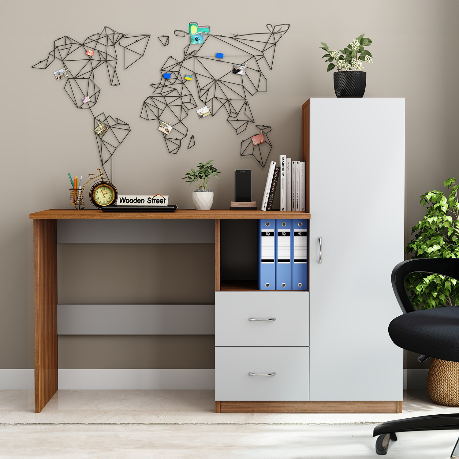 Image of Wooden Street Alister Engineered Wood Study Table (Exotic Teak Frosty White) Engineered Wood Study Table