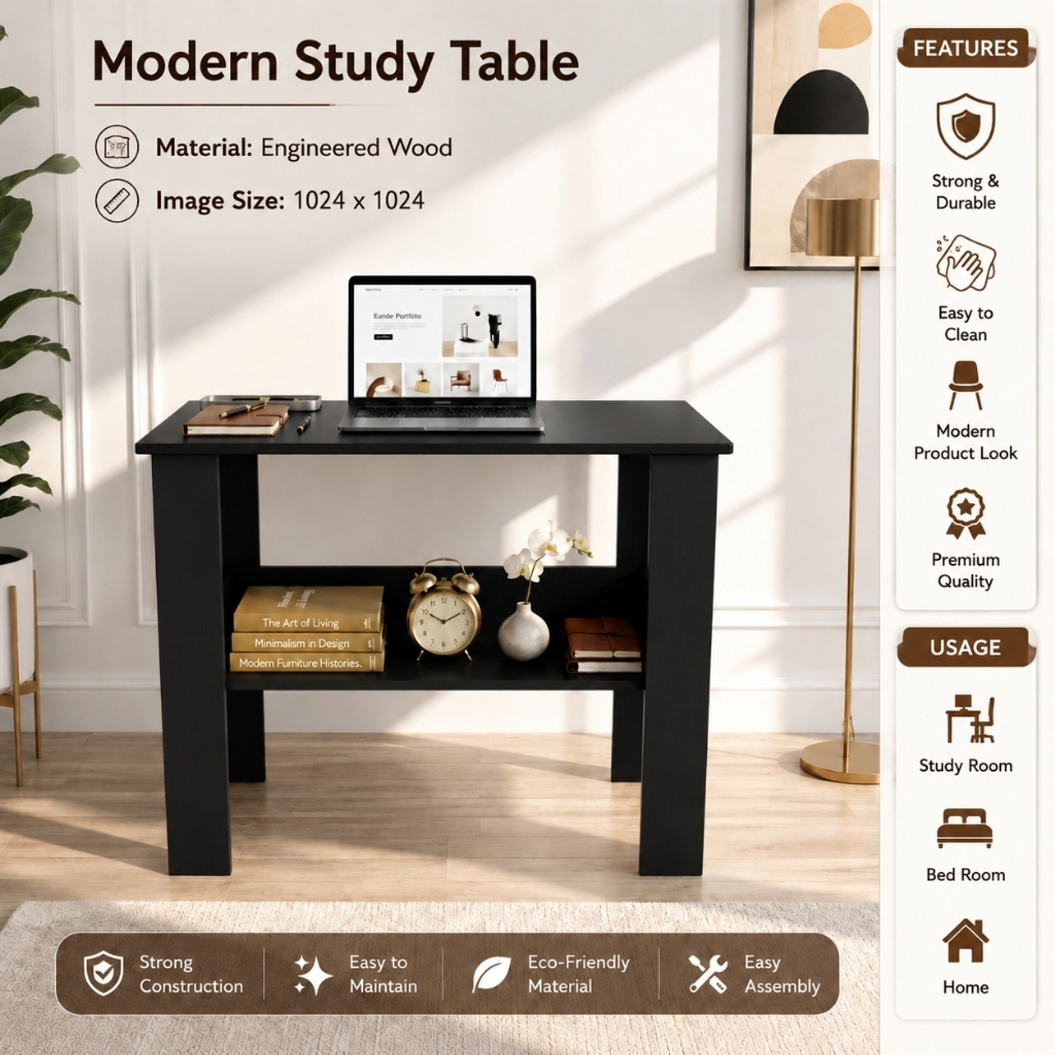 Image of SPYDER HOME DECORE Multipurpose Portable Study Desk, Office Desk, Kids Desk Table Engineered Wood Study Table (Free Standing, Finish Color - Black, DIY(Do-It-Yourself))