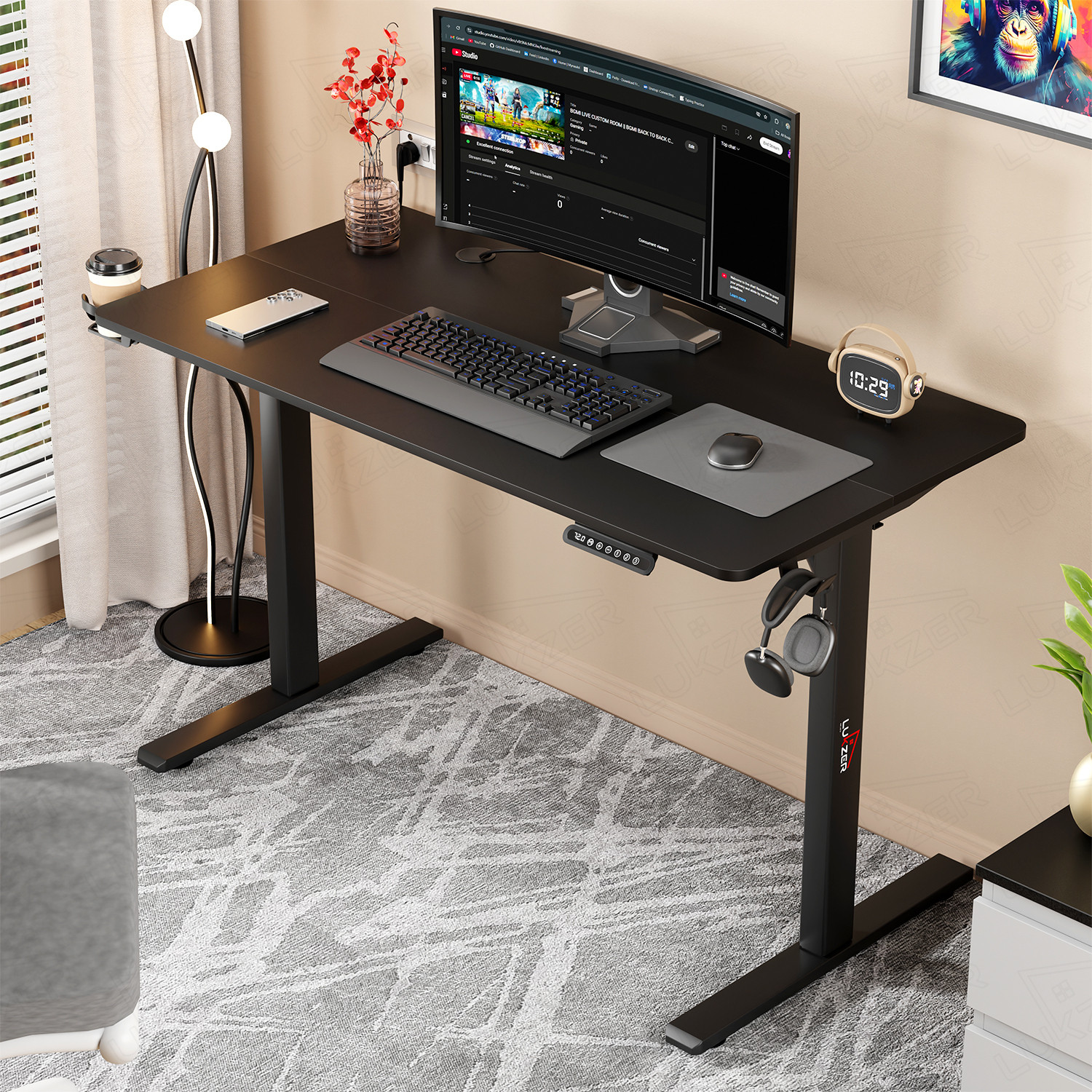 Image of LUKZER Electric Height Adjustable Study Table Sit Stand Desk (EST-003) Engineered Wood Office Table