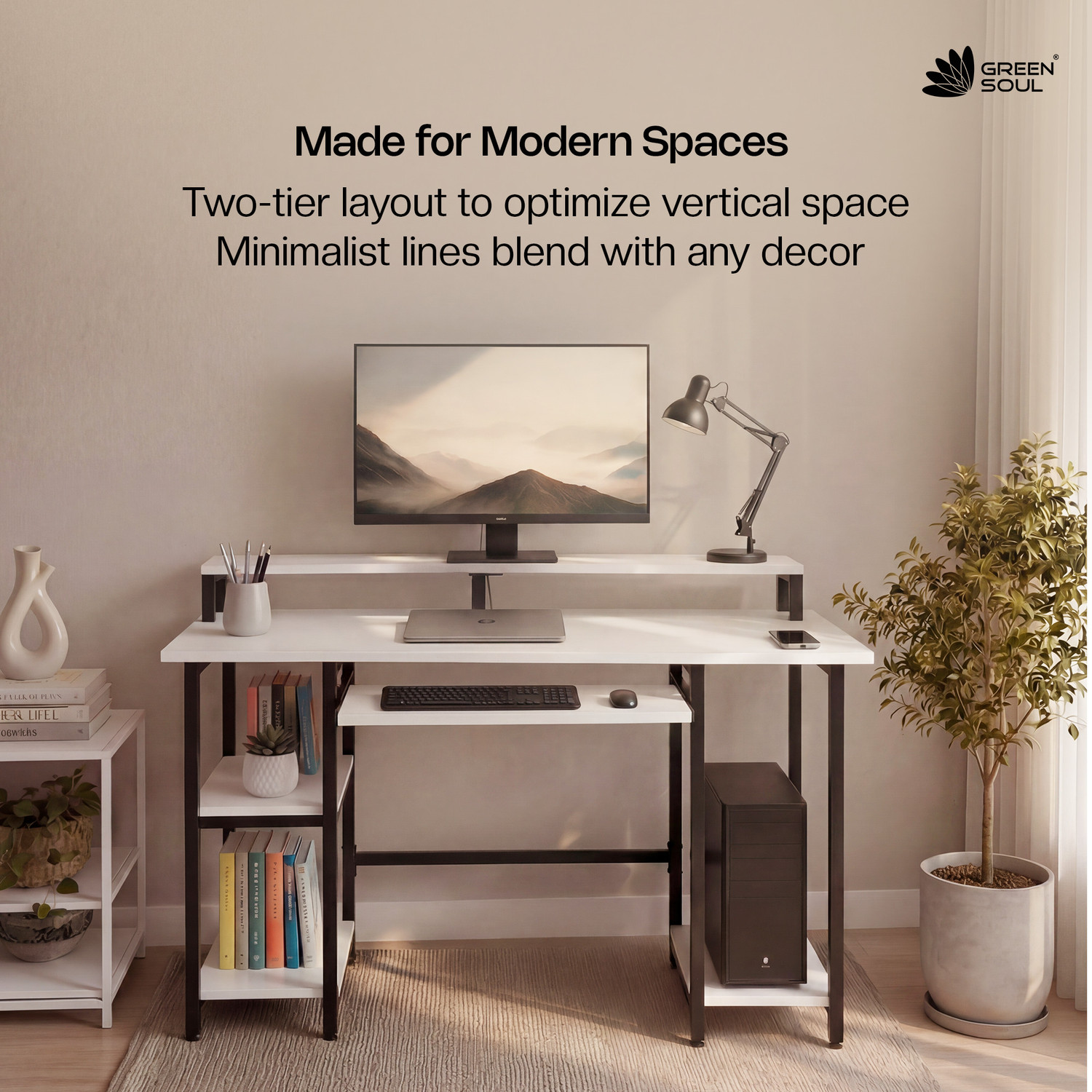 Image of GREEN SOUL Venture Computer Table for Home Office with Keyboard Tray & Monitor Riser Engineered Wood Office Table