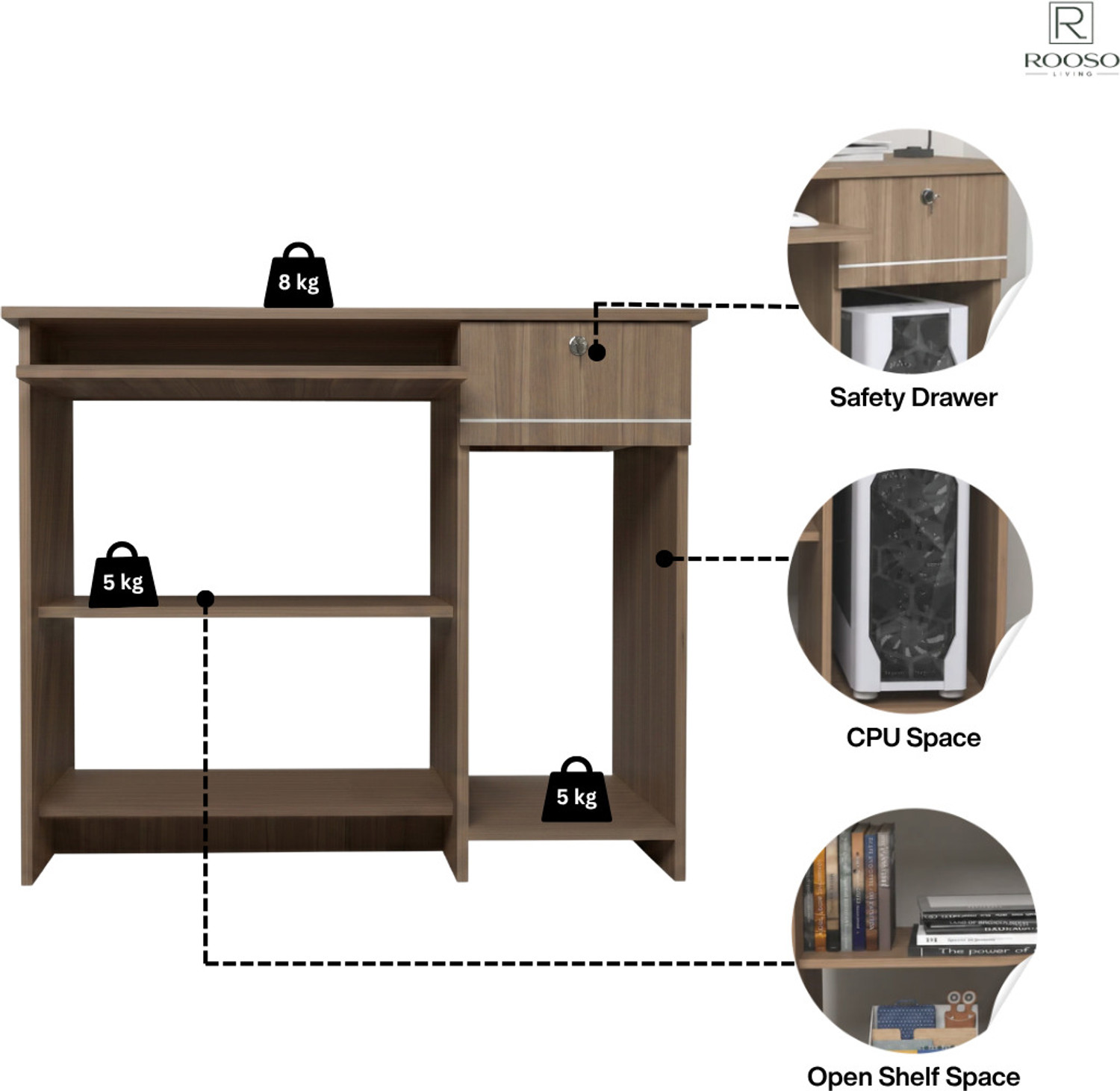 Image of ROOSO LIVING Bingo Study Table with Keyboard Tray, Lockable Drawer,CPU Storage & Open Shelves Engineered Wood Study Table