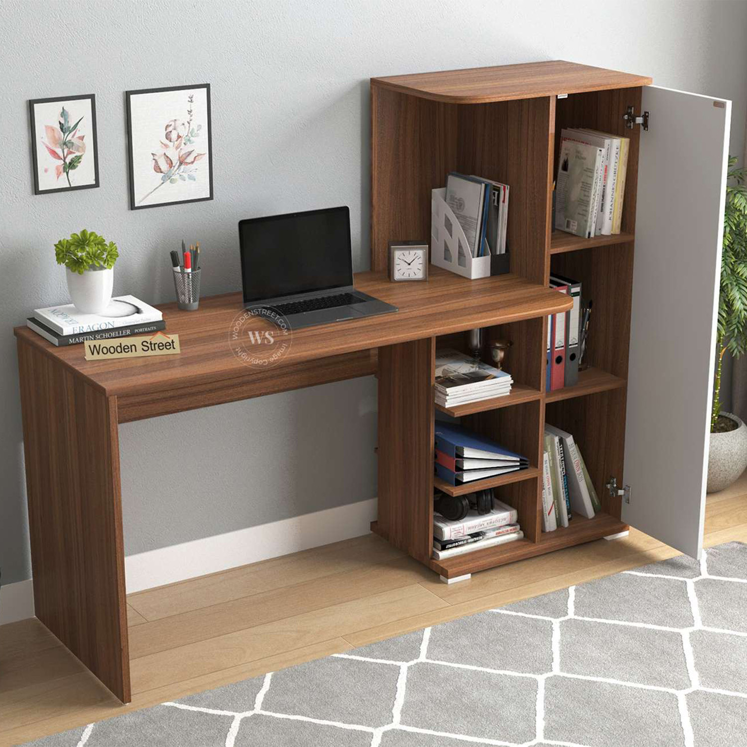Image of Wooden Street Stanis Engineered Wood Study Table with Frosty White Door Cabinet & Bookshelf Engineered Wood Study Table