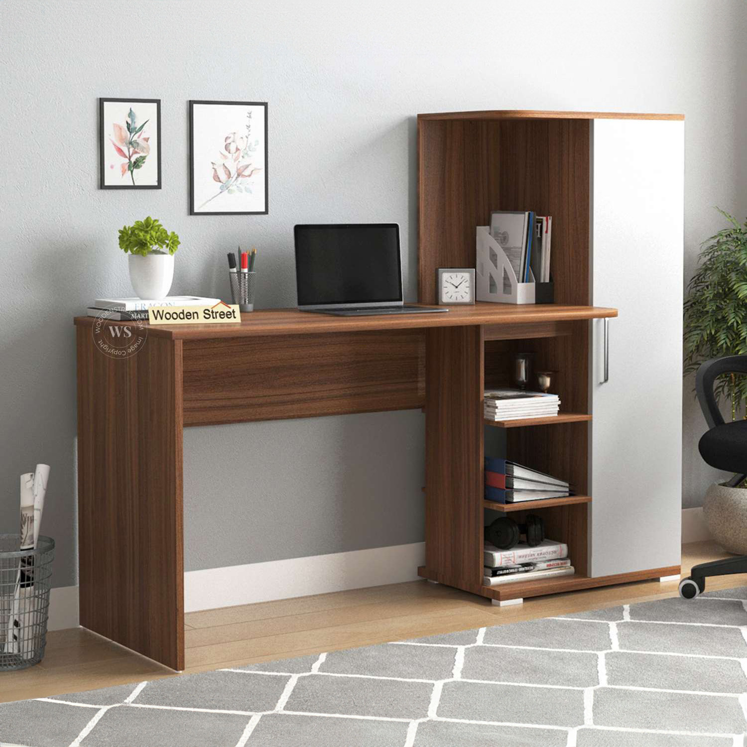 Image of Wooden Street Stanis Engineered Wood Study Table with Frosty White Door Cabinet & Bookshelf Engineered Wood Study Table