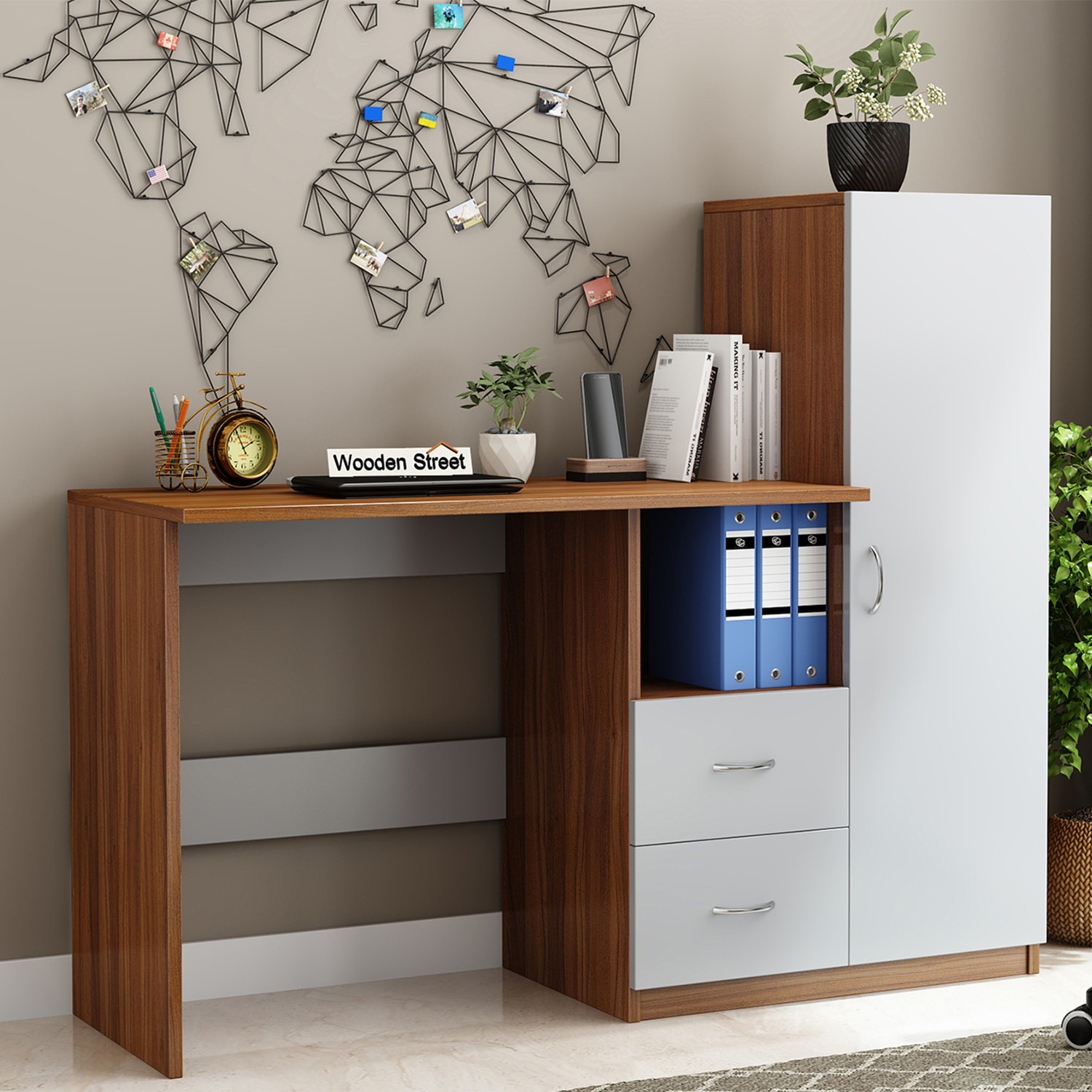 Image of Wooden Street Alister Engineered Wood Study Table (Exotic Teak Frosty White) Engineered Wood Study Table