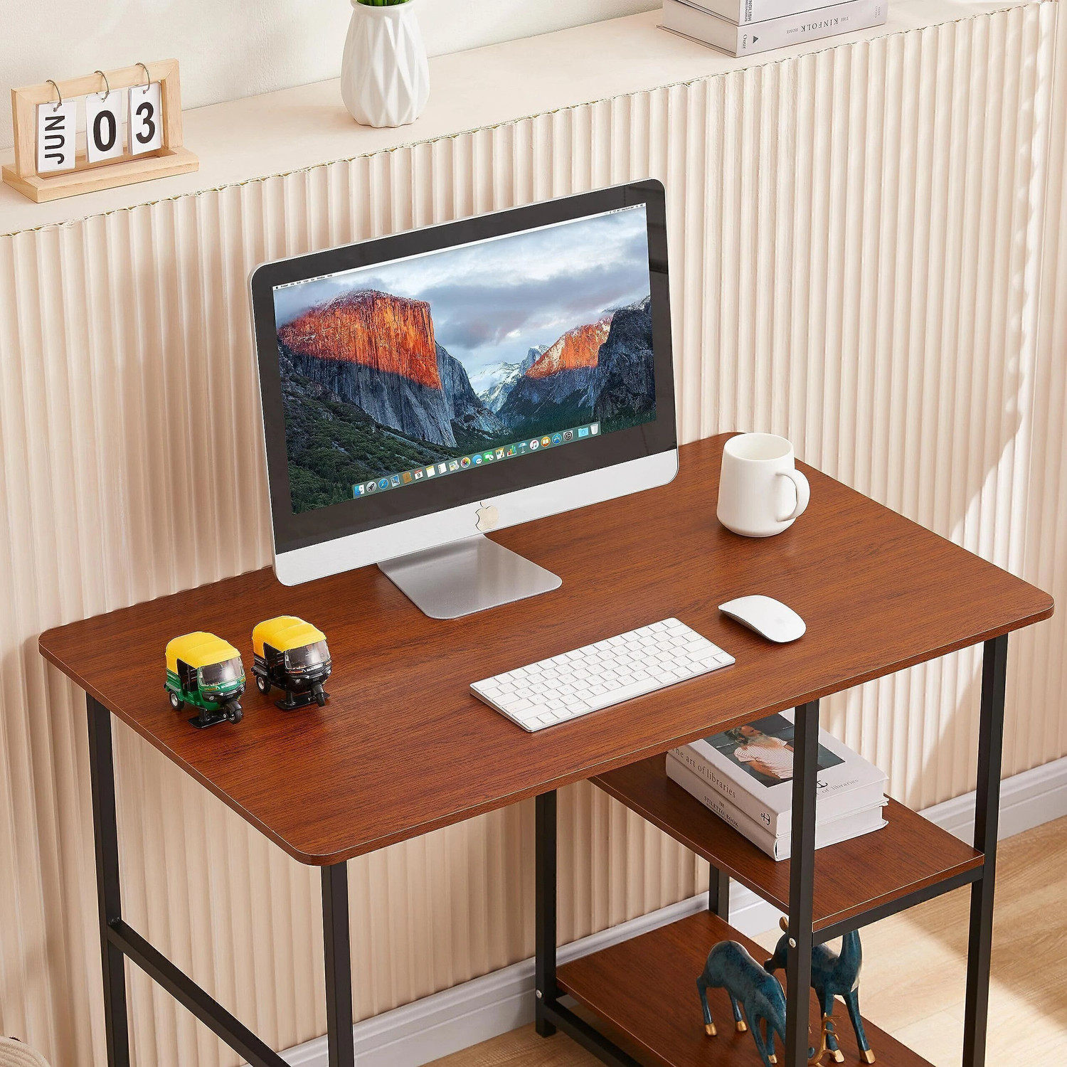 Image of House Of Akasha Multipurpose Study Computer Desk with Shelves for Home Office - Brown Engineered Wood Multipurpose Table