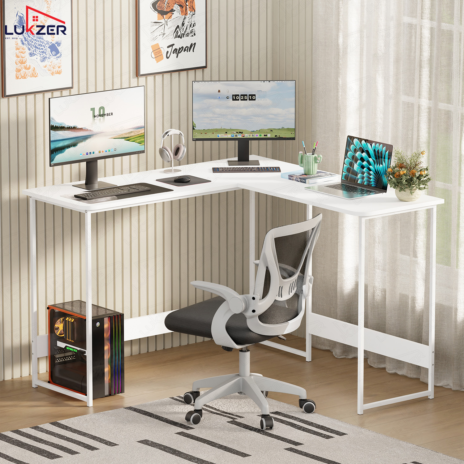 Image of LUKZER Lukzer MST-007 L-Shaped Metal Office Desk Engineered Wood Study Table
