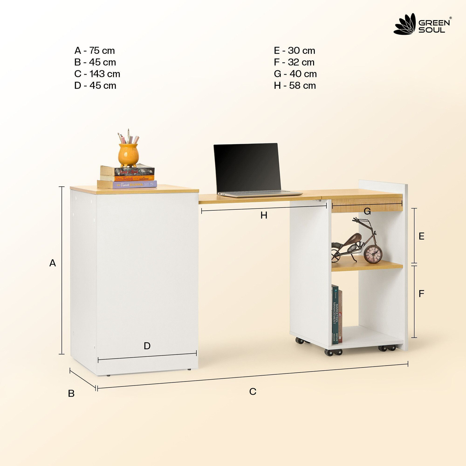 Image of GREEN SOUL Kyoto 4.6ft Study Table with Space-Saving Design Engineered Wood Study Table