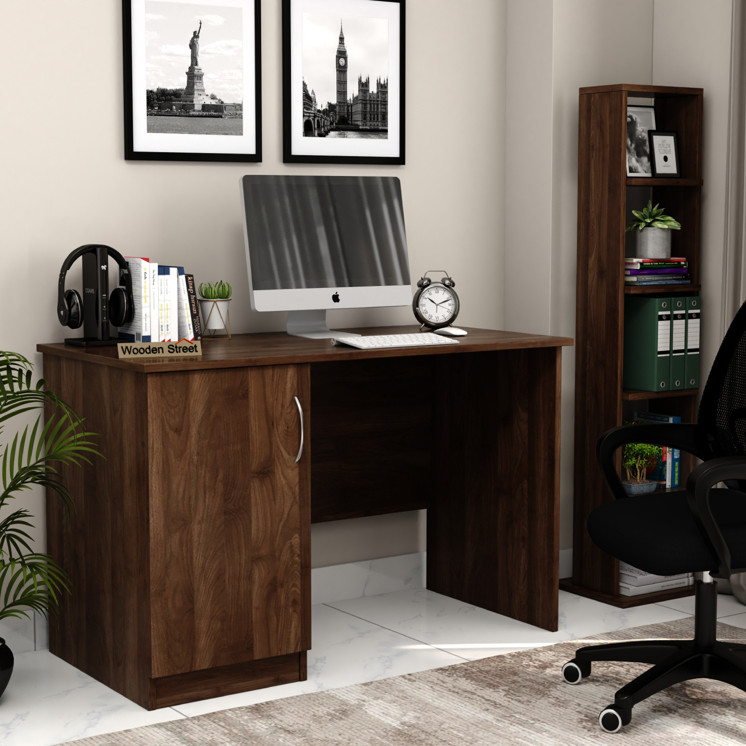 Image of Wooden Street Arc Engineered Wood Study Table With 2 Layer Closed Storage Cabinet (CWF) Engineered Wood Study Table