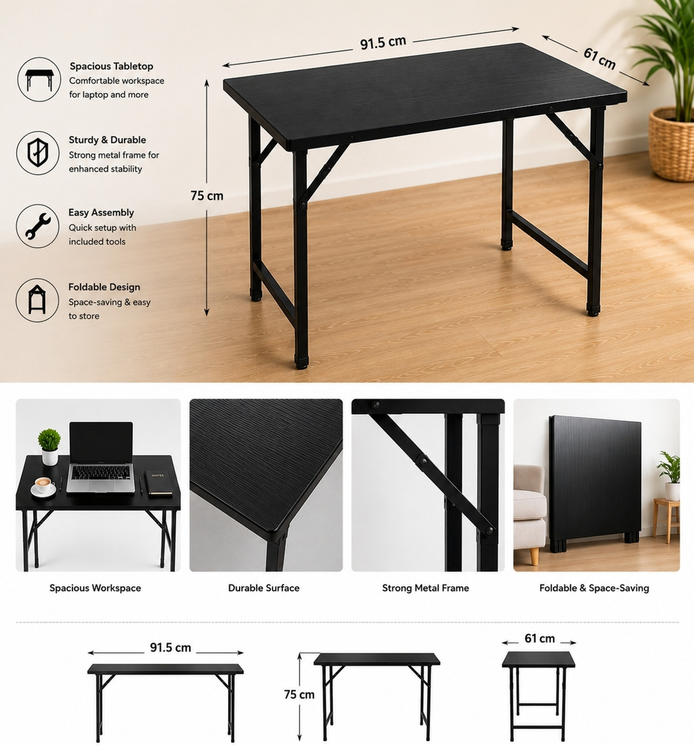 Image of Silverking Folding study table black 3feet x 2feet Engineered Wood Study Table