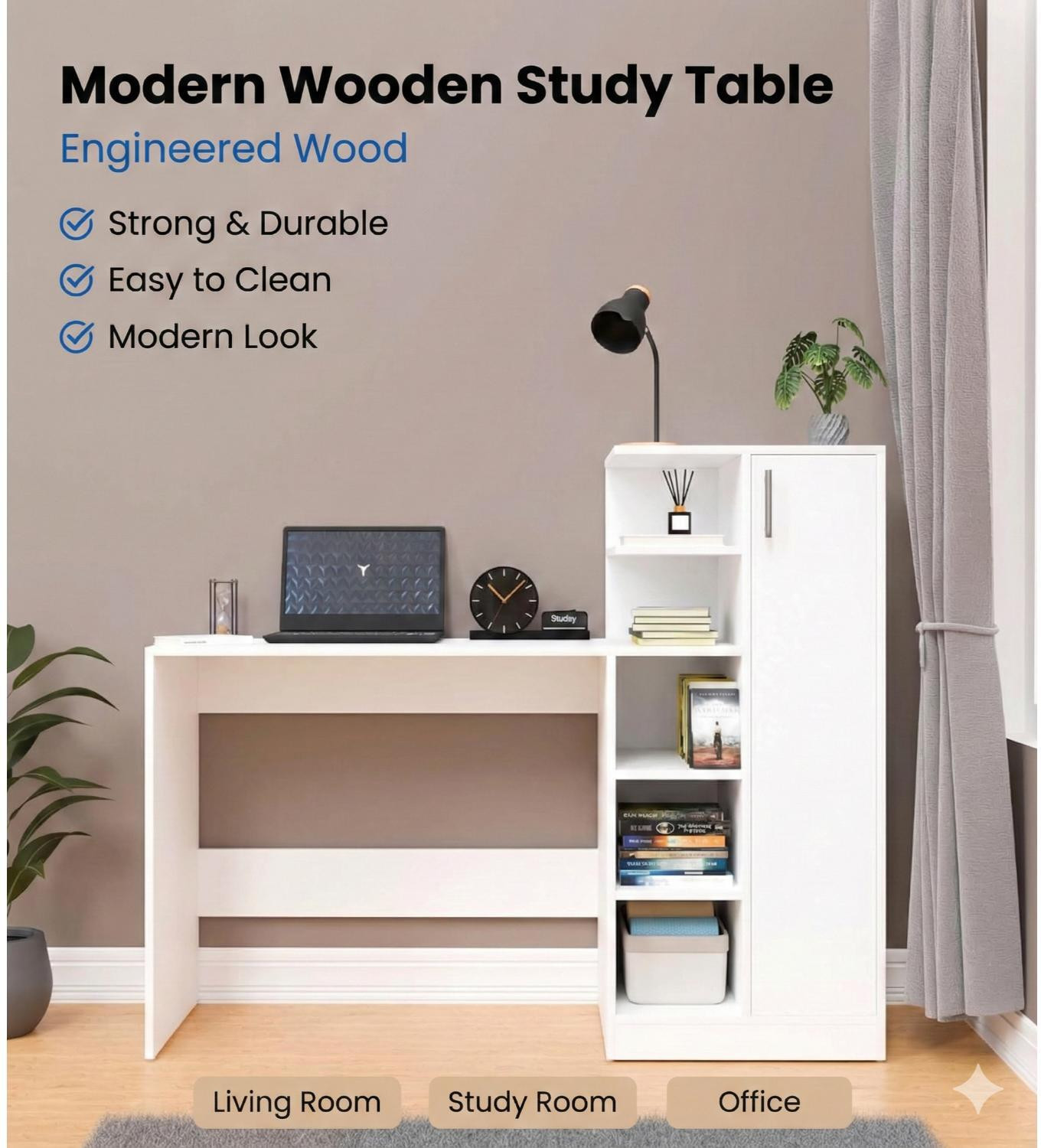 Image of Flipkart Perfect Homes Modern Multipurpose Home Office & Student Desk Study Table with Storage Engineered Wood Study Table