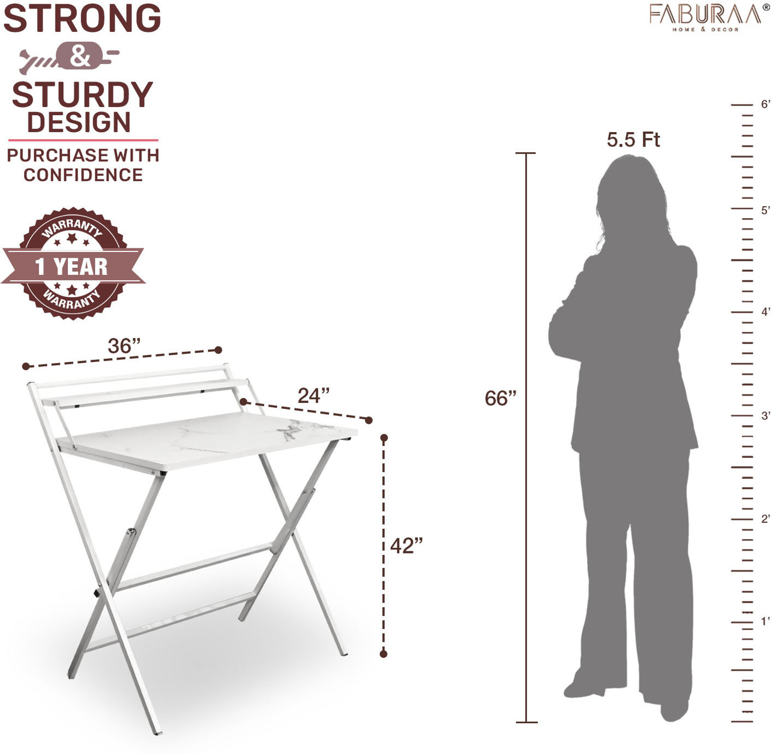 Image of Faburaa Venus 36x24 Shelf Foldable Table for Home and Office, Computer & Laptop, Engineered Wood Study Table