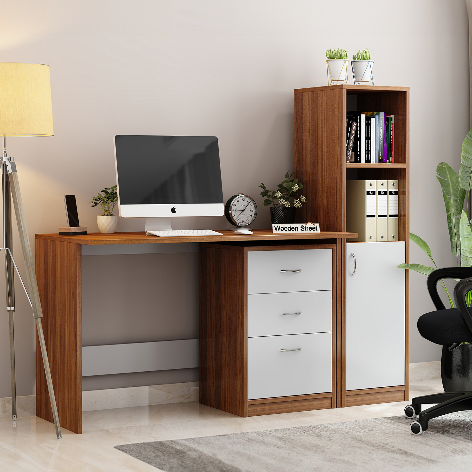 Image of Wooden Street Calisto Engineered Wood Study Table (Exotic Teak Frosty White) Engineered Wood Study Table