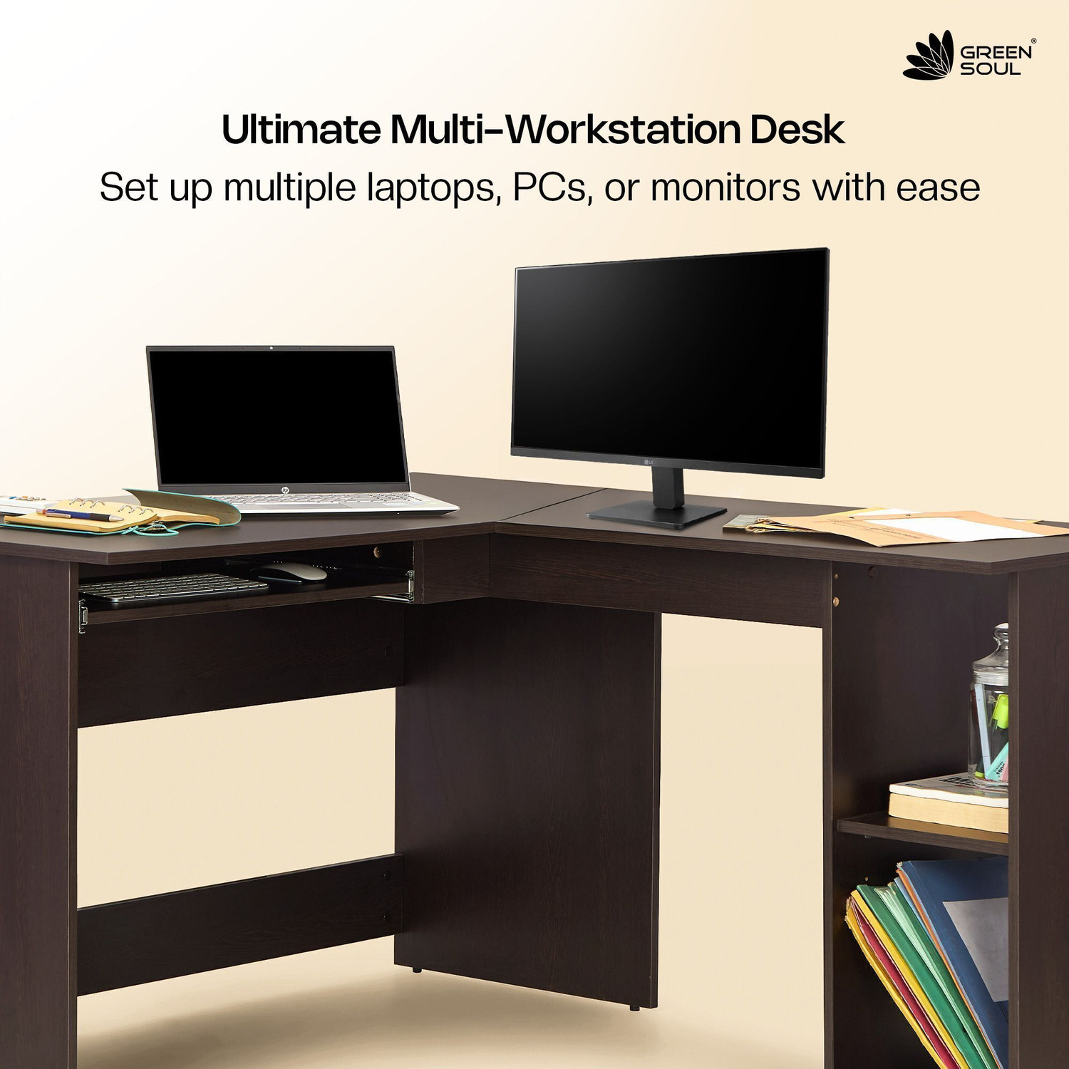Image of GREEN SOUL Brixton L-Shaped Corner Desk (4ft+4.5ft) With Keyboard Tray & 2 Storage Shelves Engineered Wood Multipurpose Table