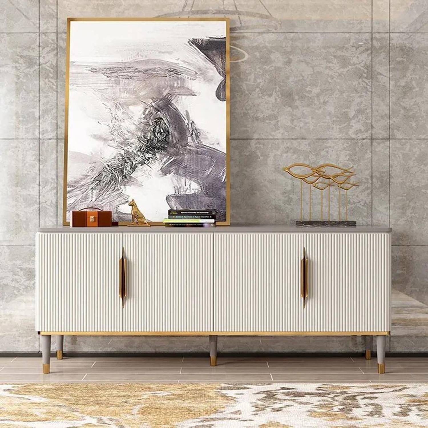 NG Decor 63" Off White Contemporary TV Stand 4 Doors & 4 Shelves