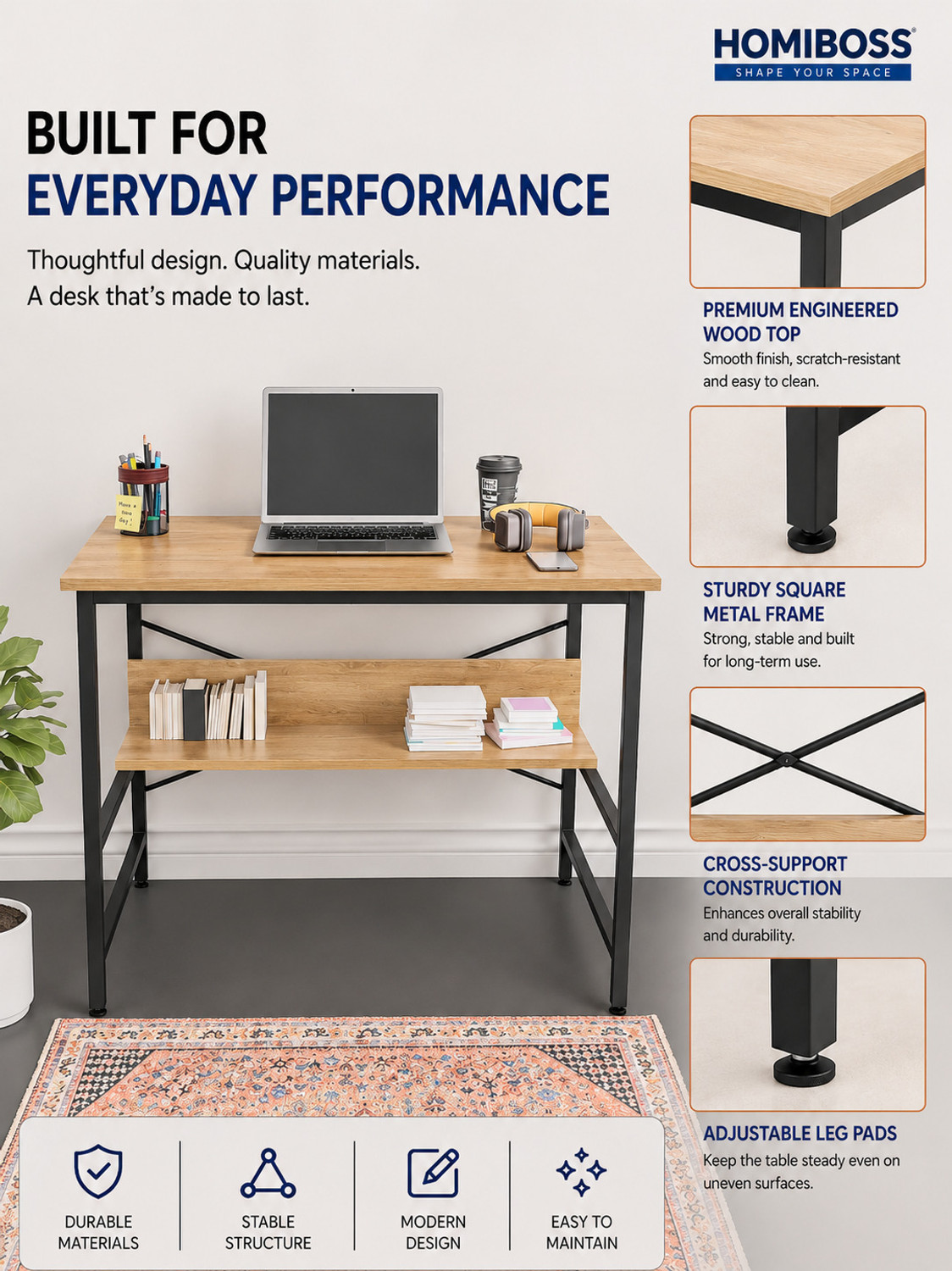 Image of HOMIBOSS Steel Metal frame office workstation table , Student, gaming, home Engineered Wood Computer Desk