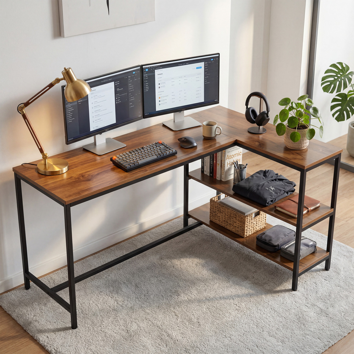 Image of GREEN SOUL Thrive L-Shaped Study Table with Book Shelf for Home and Office Engineered Wood Multipurpose Table