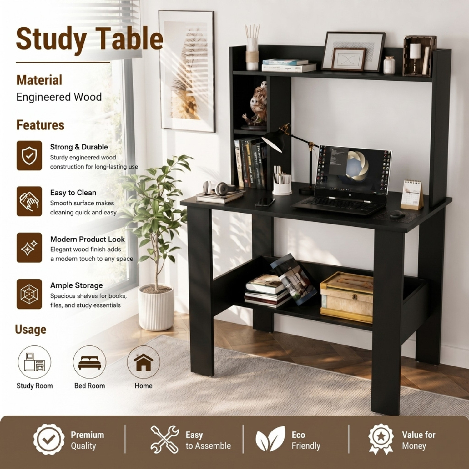 Image of Flipkart Perfect Homes Multipurpose Portable Study Desk with Hutch Storage & Shelves for Home Office Engineered Wood Study Table