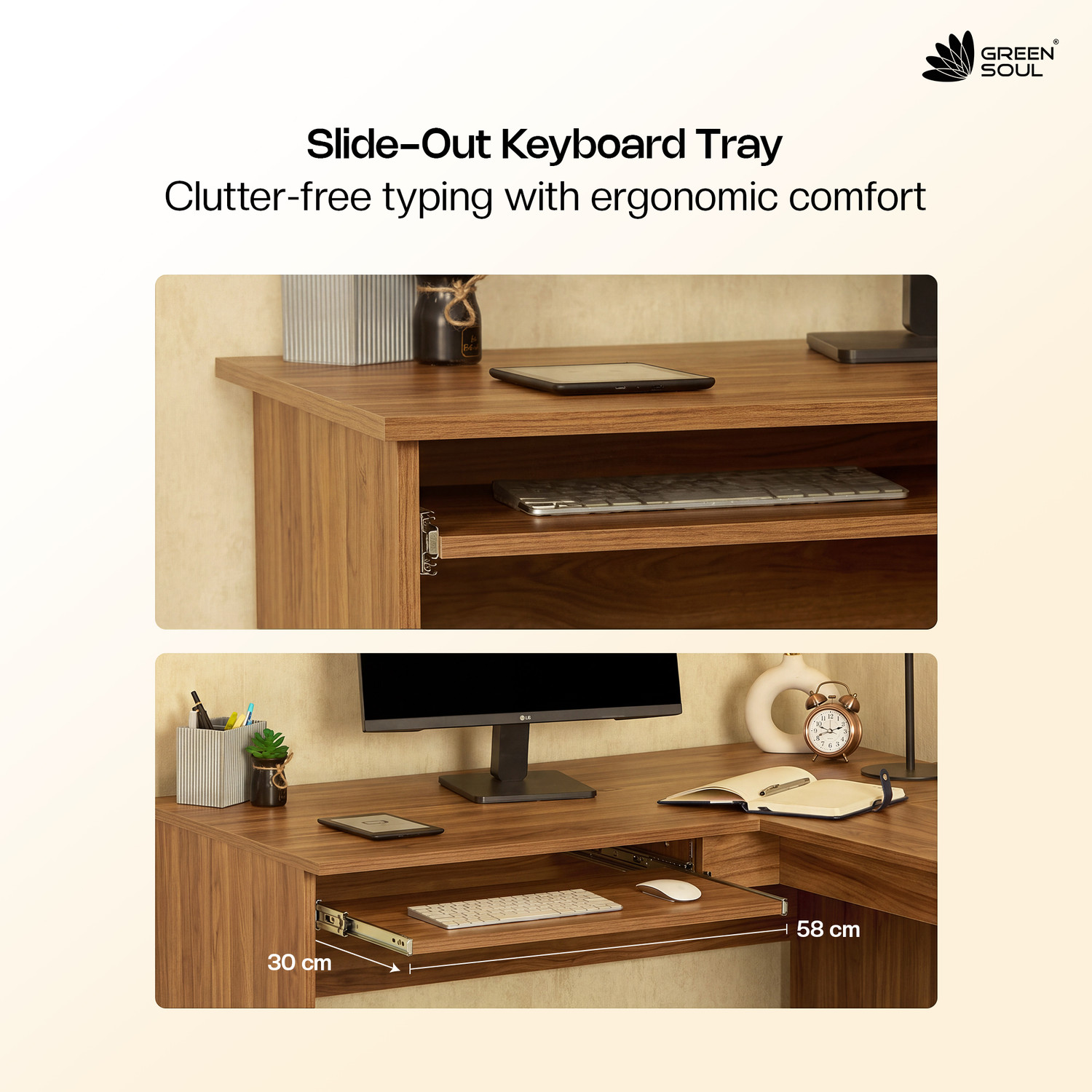 Image of GREEN SOUL Brixton L-Shaped Corner Desk (4ft+4.5ft) With Keyboard Tray & 2 Storage Shelves Engineered Wood Multipurpose Table