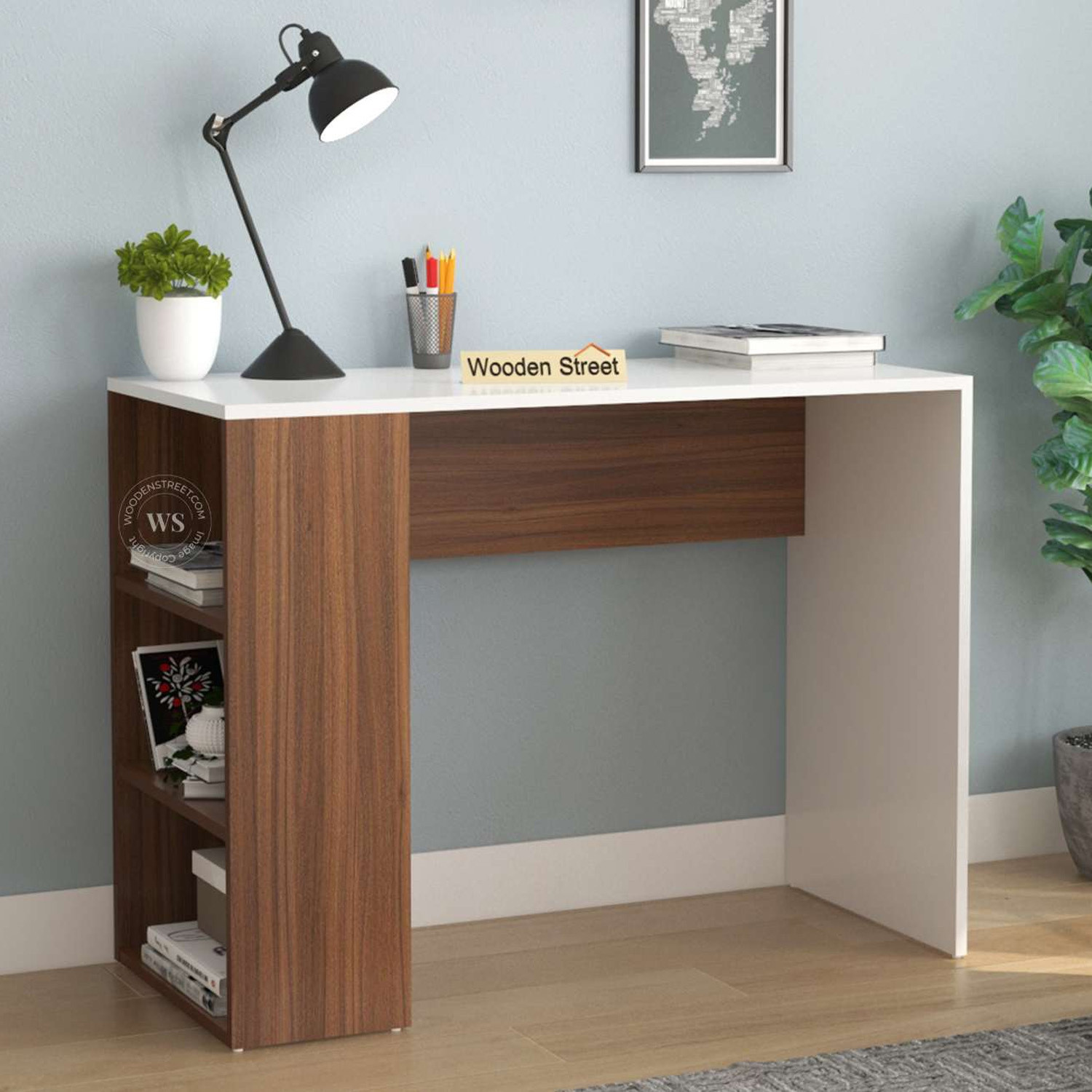 Image of Wooden Street Saber Study Table with Side Shelves (Exotic Teak Frosty White Finish) Engineered Wood Study Table