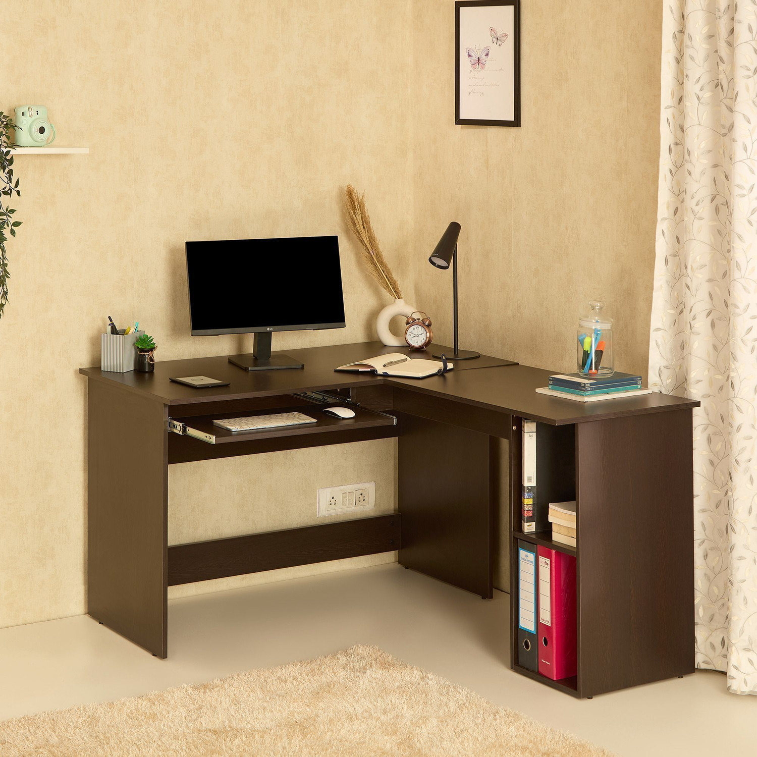 Image of GREEN SOUL Brixton L-Shaped Corner Desk (4ft+4.5ft) With Keyboard Tray & 2 Storage Shelves Engineered Wood Multipurpose Table