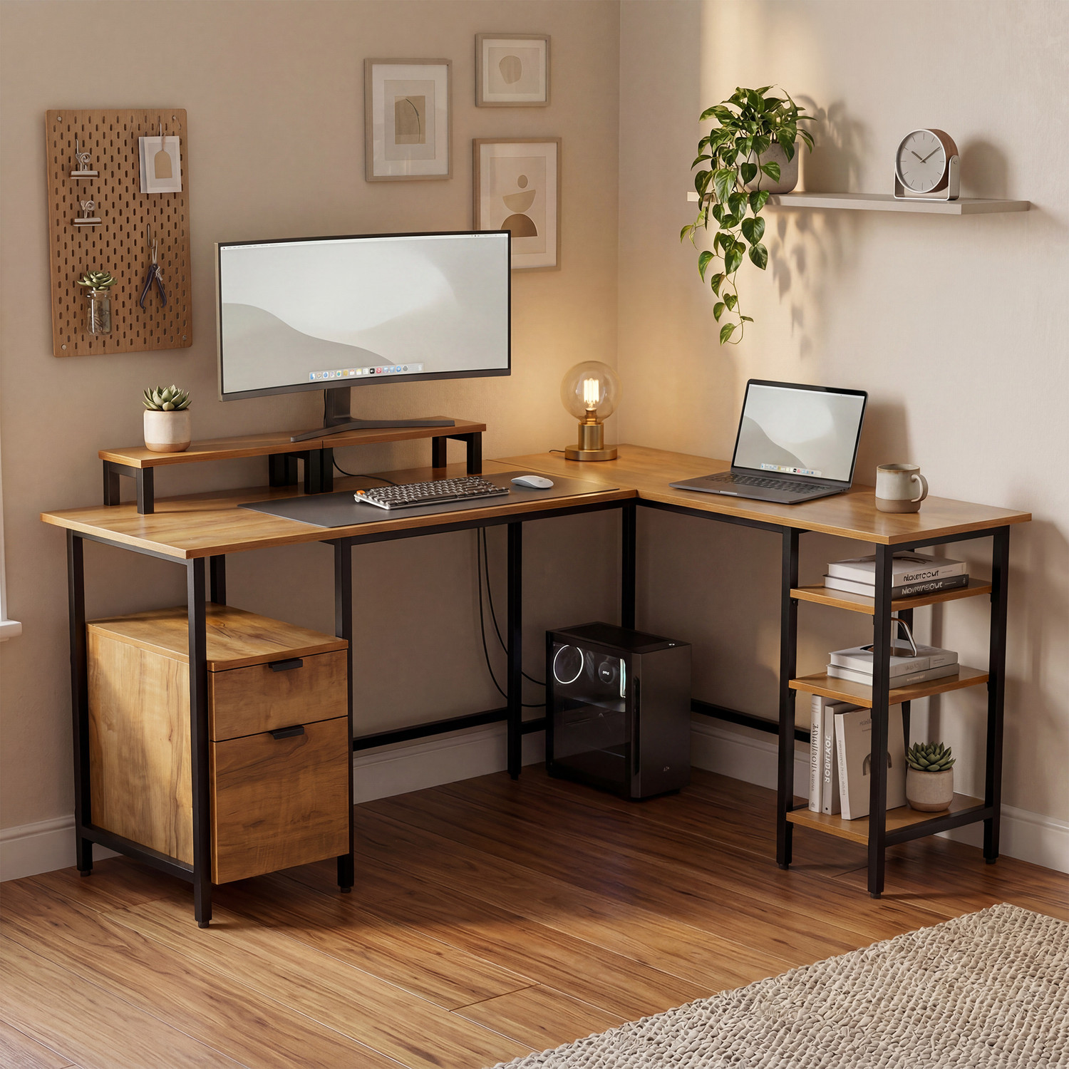 Image of GREEN SOUL Aspire L-Shaped Study Table with Monitor Riser for Home & Office Engineered Wood Multipurpose Table