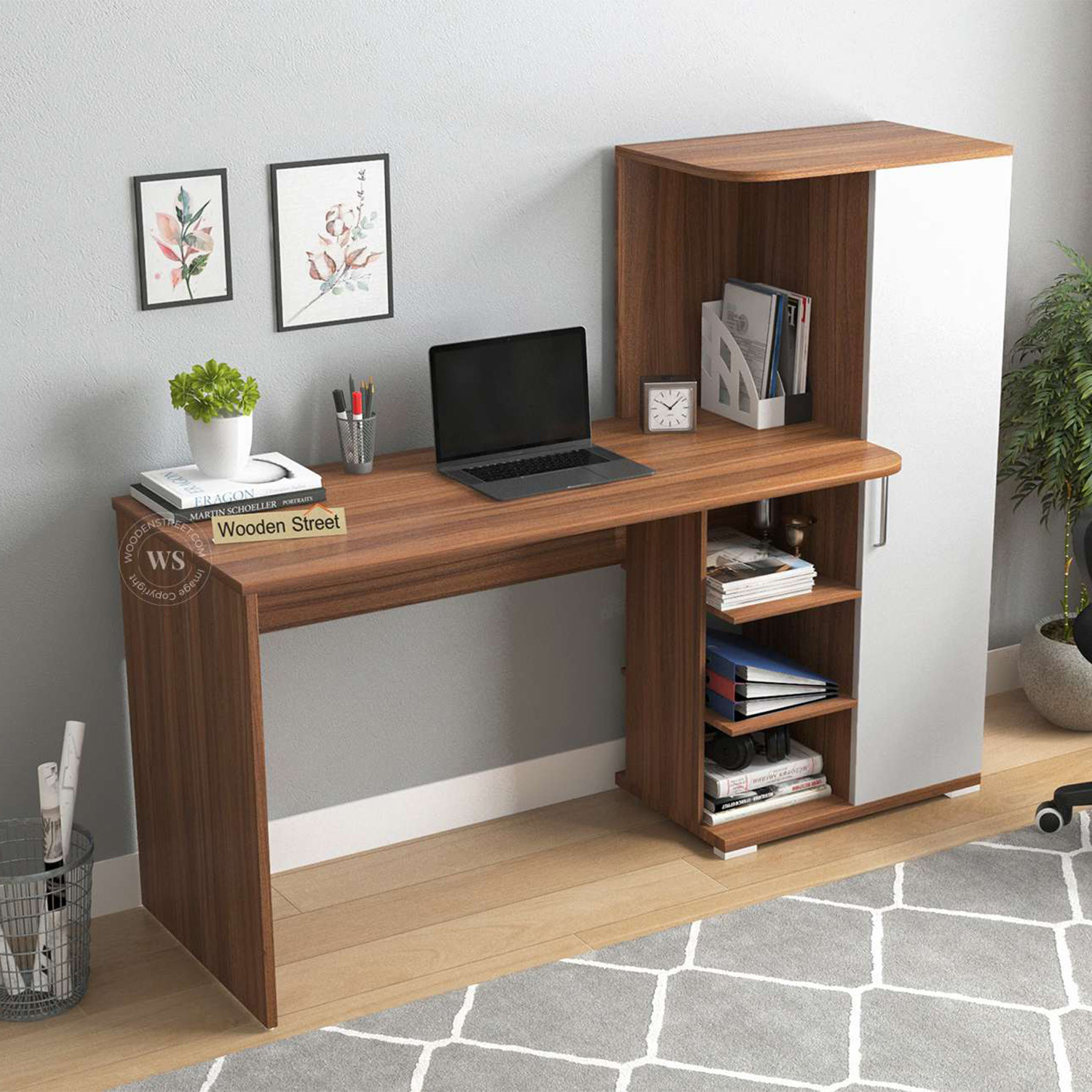 Image of Wooden Street Stanis Engineered Wood Study Table with Frosty White Door Cabinet & Bookshelf Engineered Wood Study Table