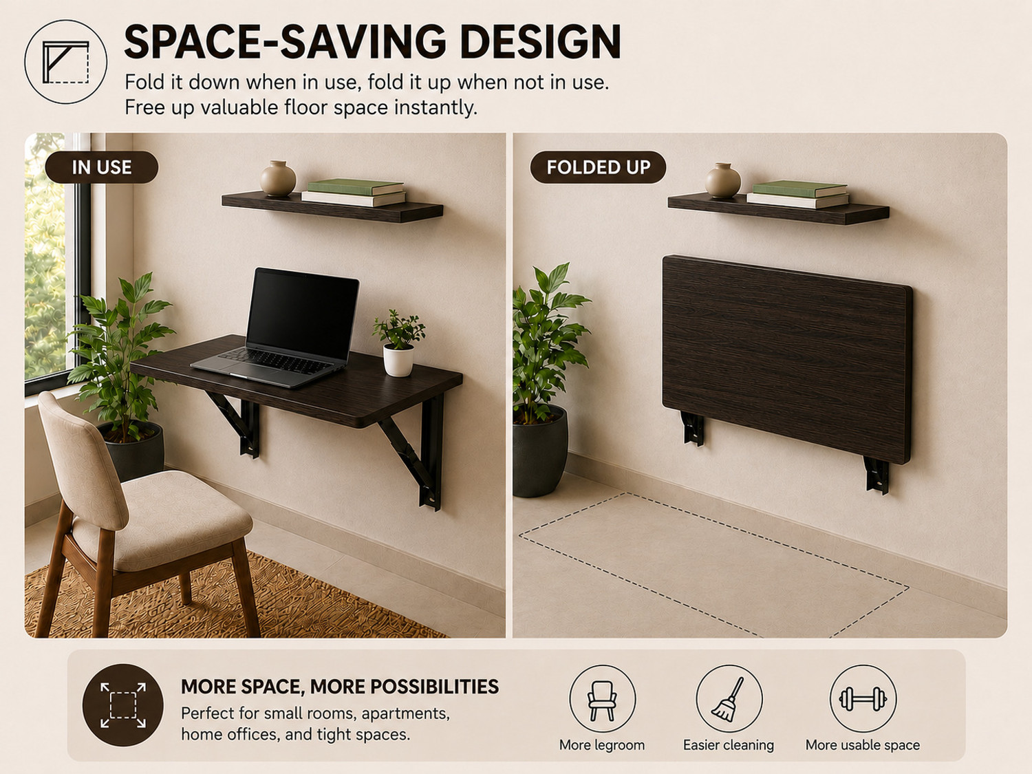 Image of Malbro Foldable-Wall Mounted Table Wooden Study Desk 60x40 cm Space Saving Shelf Engineered Wood Study Table