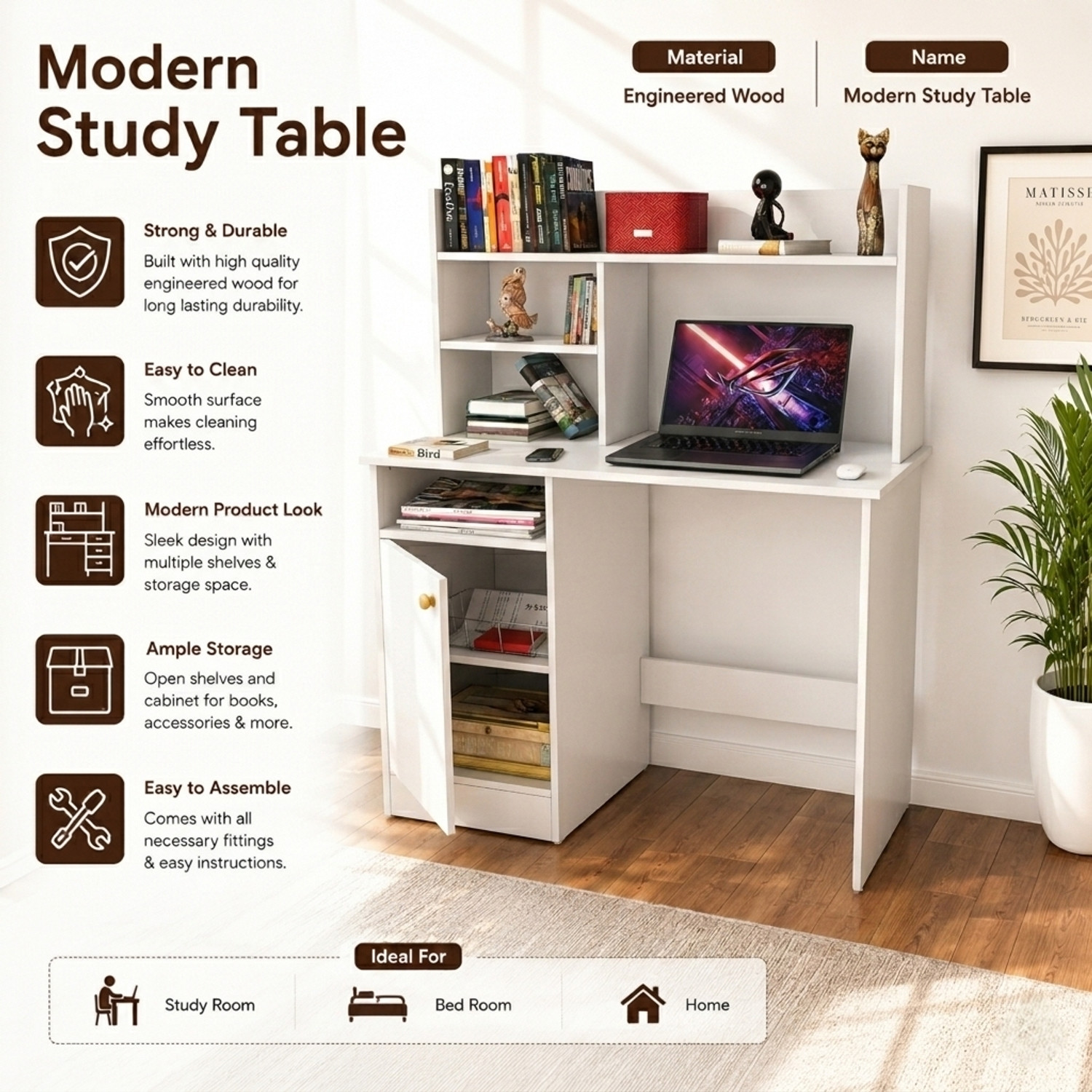 Image of Spyder Craft Multipurpose Portable Study Desk with Hutch Storage & Shelves for Home Office Engineered Wood Study Table
