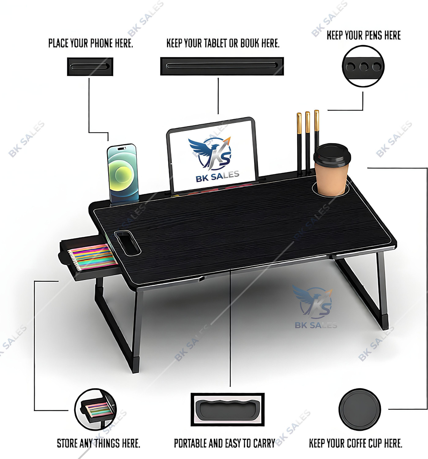 Image of BK SALES black cotted Plastic Study Table